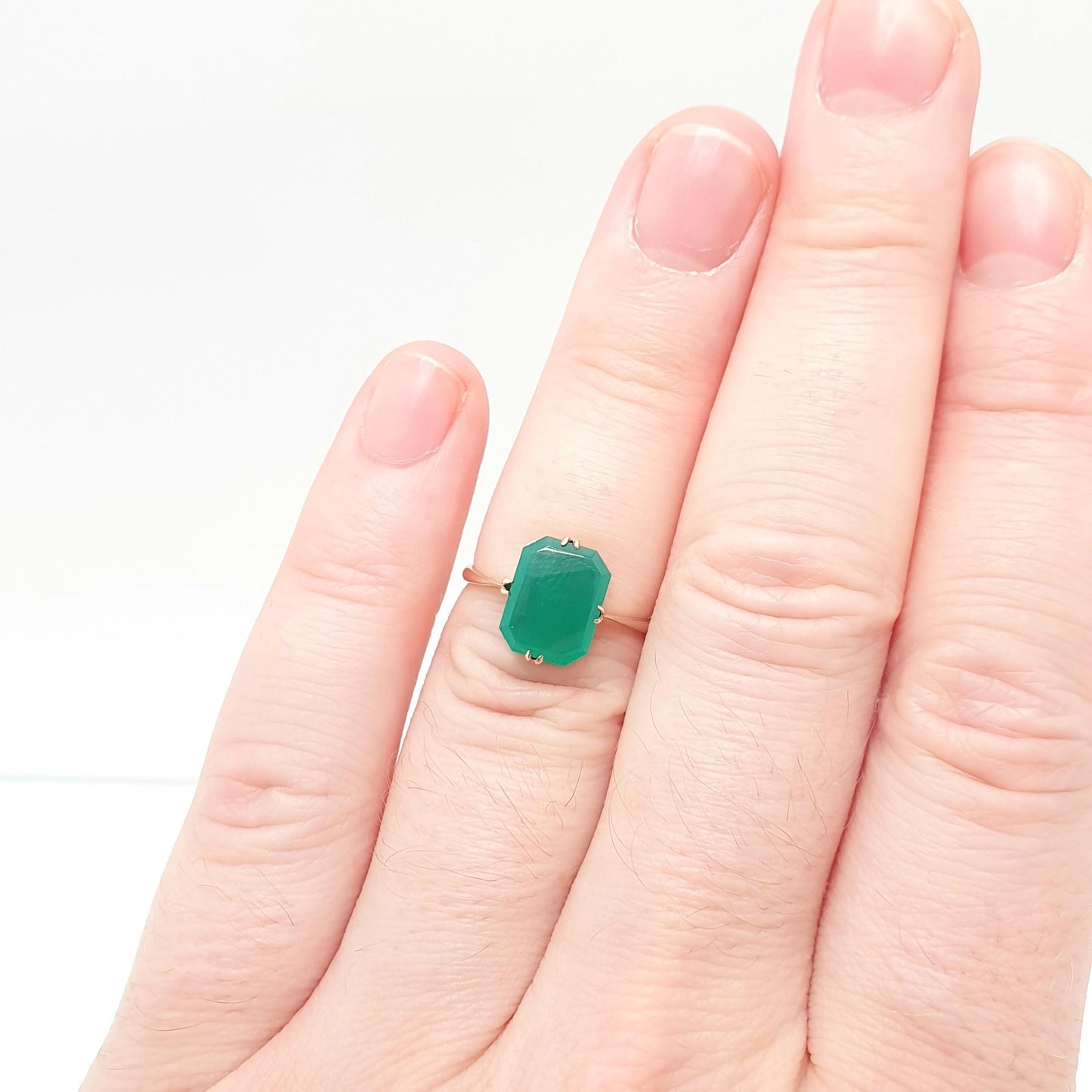 Antique 9ct Solid Gold Chrysoprase Ring Art Deco Solitaire Solid 9k 375 Rectangular Green Real Gemstone Womens Vintage Jewelry Jewellery