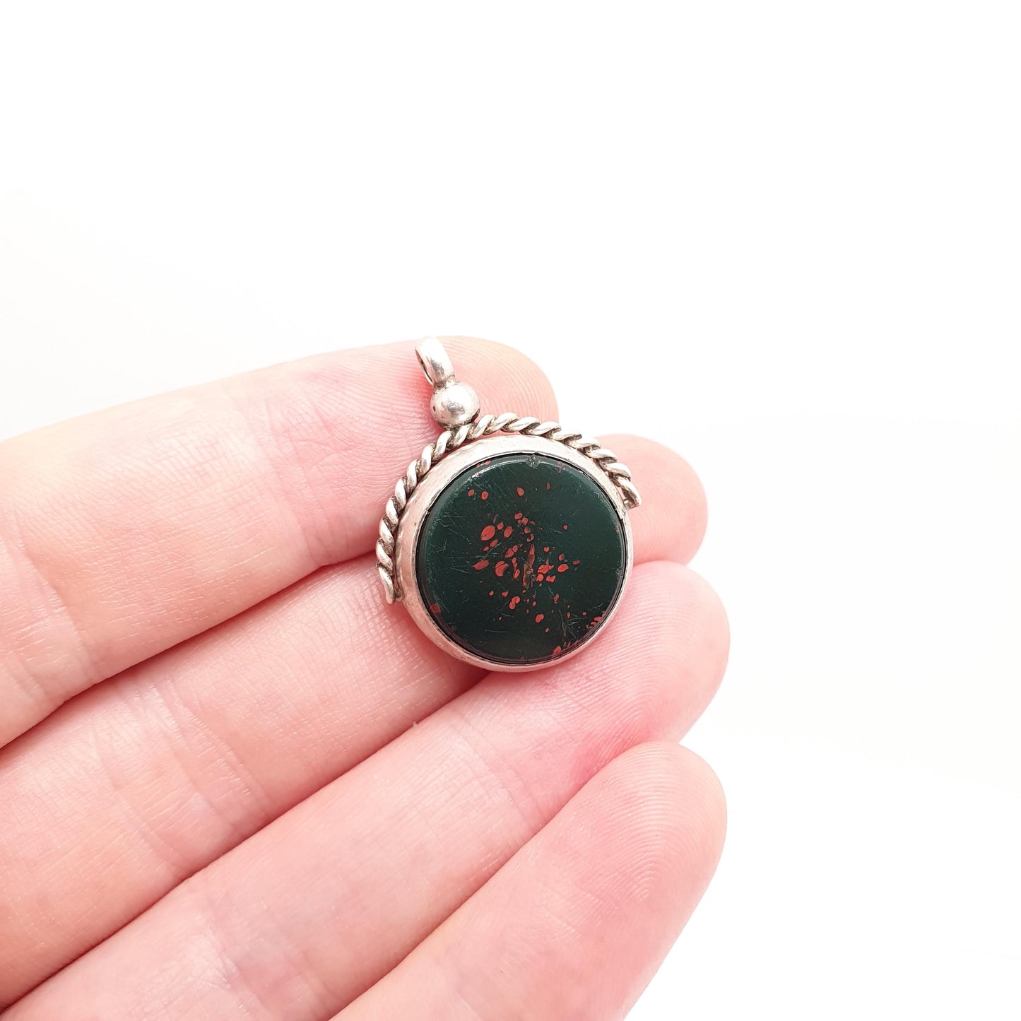 Antique Sterling Silver Spinner Fob Necklace Pendant 1912 Hallmark Faux Bloodstone & Faux Carnelian Curb Link Vintage Jewelry Jewellery