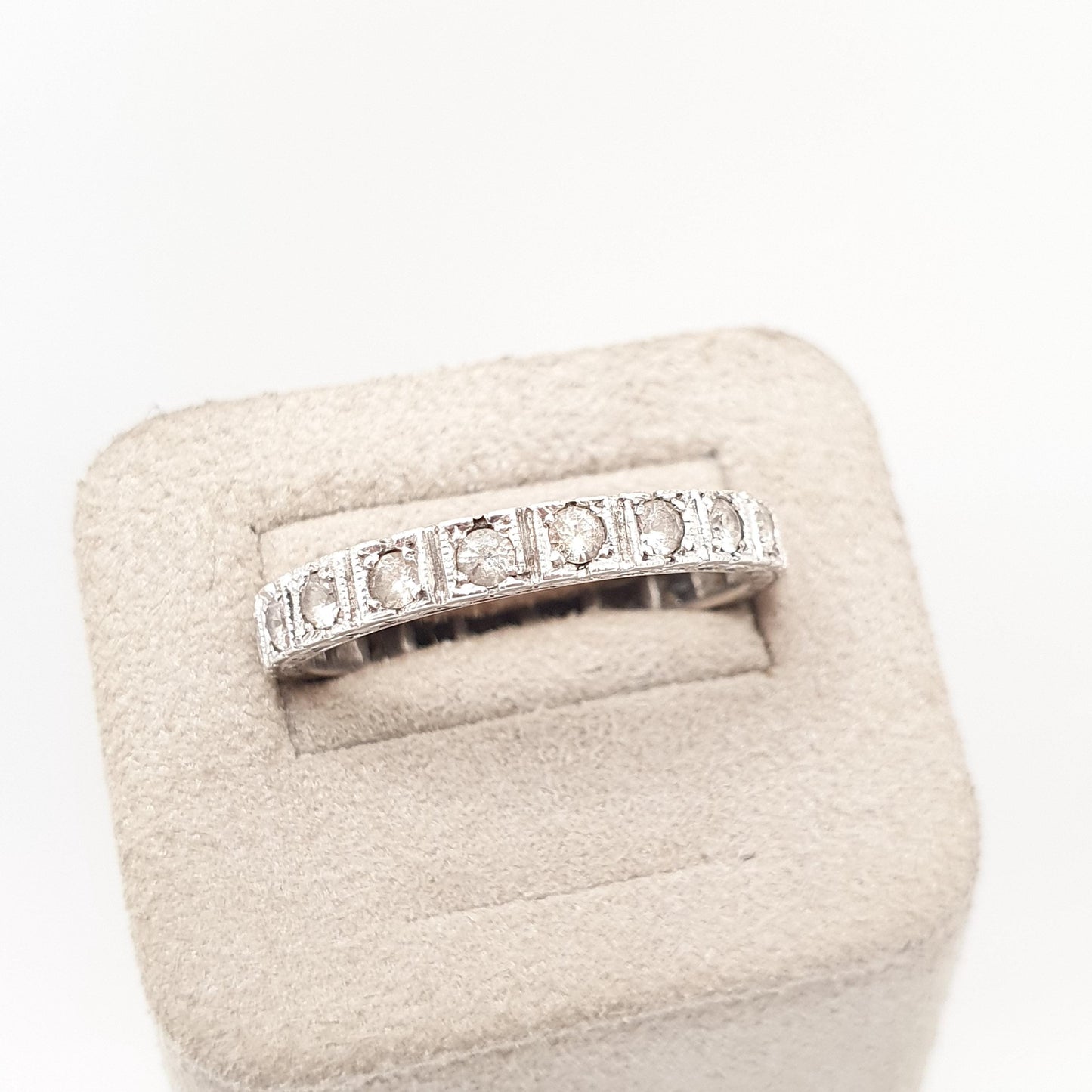 Antique Solid Silver Eternity Ring White Spinel Gemstones 1920s Full Round Cut Art Deco Engraved Vintage Ladies Womens Jewelry Jewellery