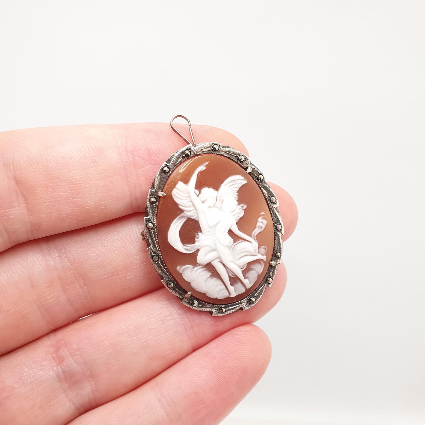 Antique Solid Silver Angel Grace Cameo Brooch Pendant Marcasite Art Deco Shell Hand Carved Necklace Vintage Jewelry Jewellery Jewelry