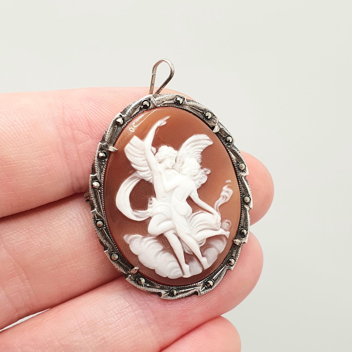 Antique Solid Silver Angel Grace Cameo Brooch Pendant Marcasite Art Deco Shell Hand Carved Necklace Vintage Jewelry Jewellery Jewelry