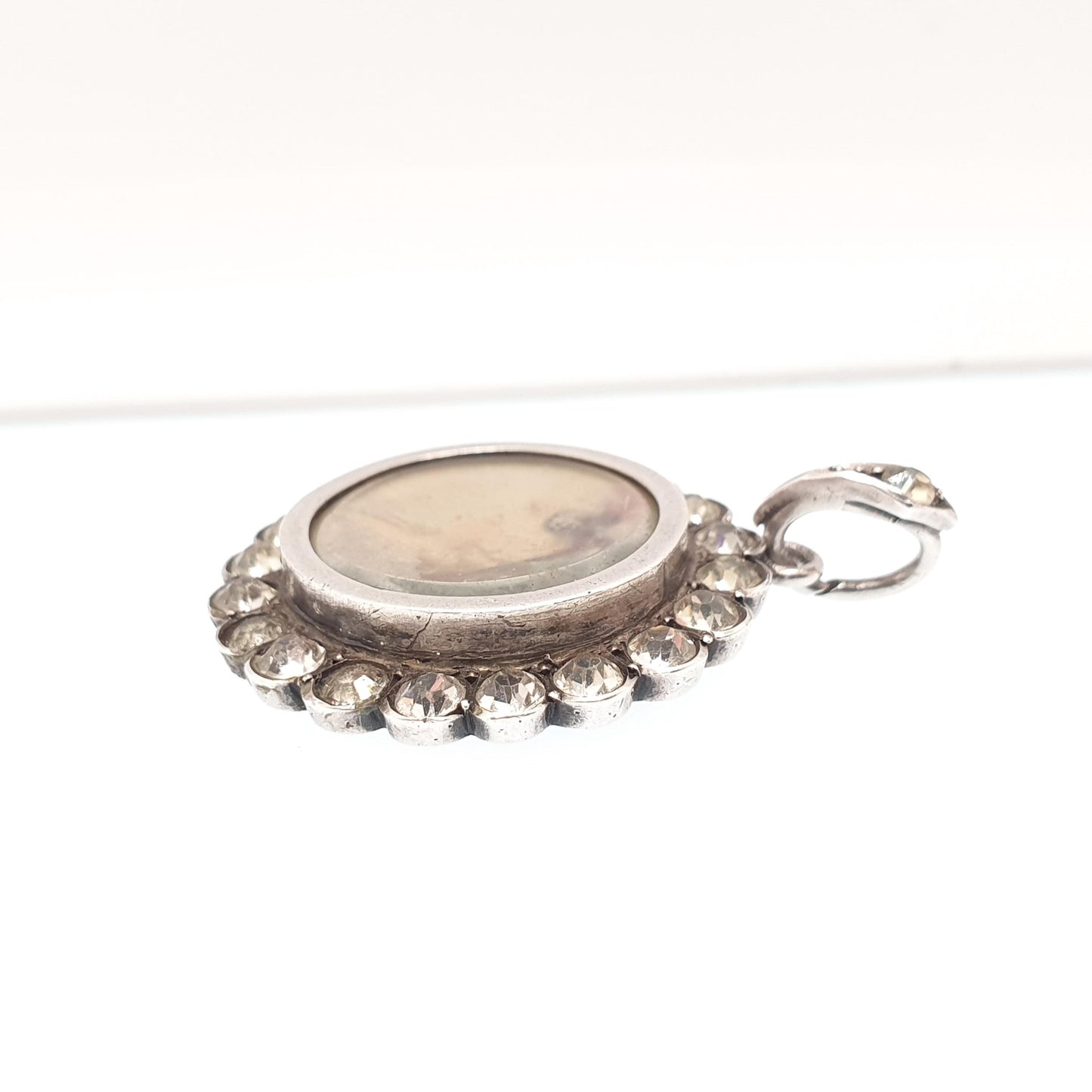 Antique Diamond Paste Solid Silver Locket Pendant Edwardian Necklace Hand Painted Picture Painting Womens Vintage Fine Jewelry Jewellery