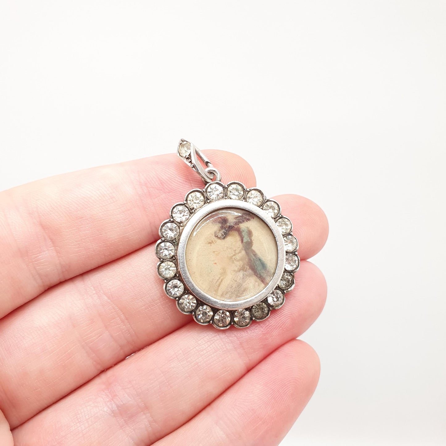 Antique Diamond Paste Solid Silver Locket Pendant Edwardian Necklace Hand Painted Picture Painting Womens Vintage Fine Jewelry Jewellery