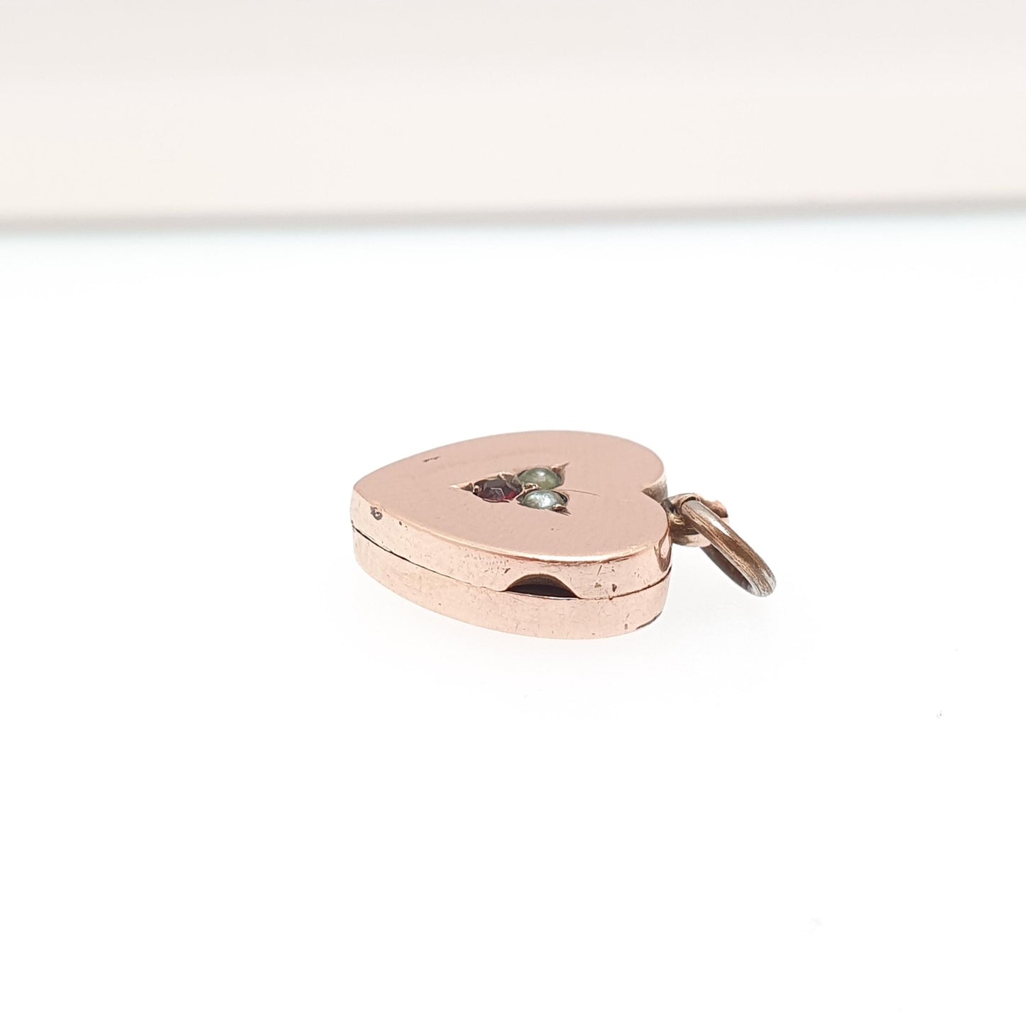 Antique 9ct 9k Gold Heart Locket Ruby Paste Seed Pearl Victorian Solid 375 Rose Pendant Back Front Small Photo Vintage Jewelry Jewellery