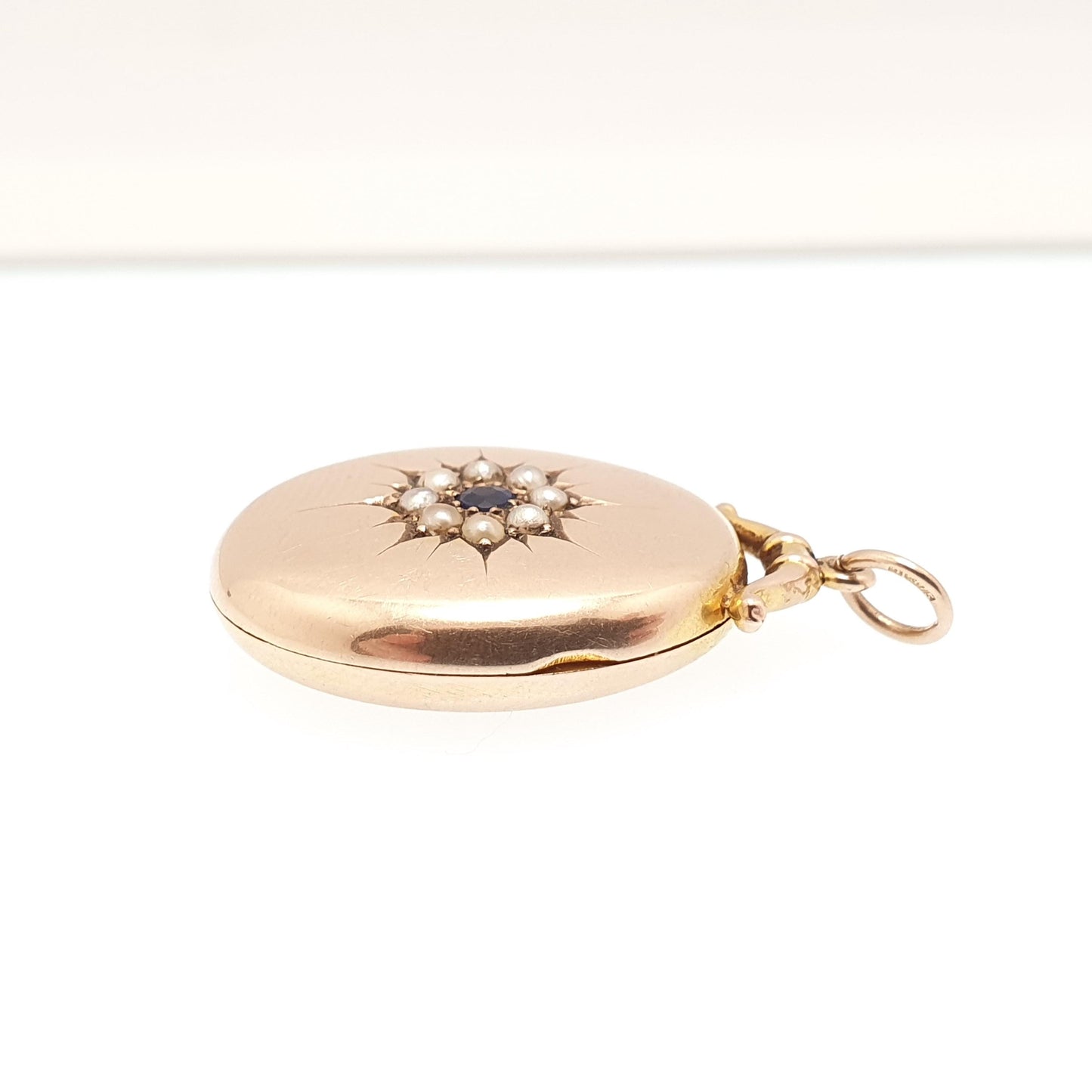 Antique 9ct Rose Gold Seed Pearl Locket Sapphire Paste Pendant Necklace Star Solid 9k 375 1910 Hallmark Vintage Womens Jewellery Jewelry