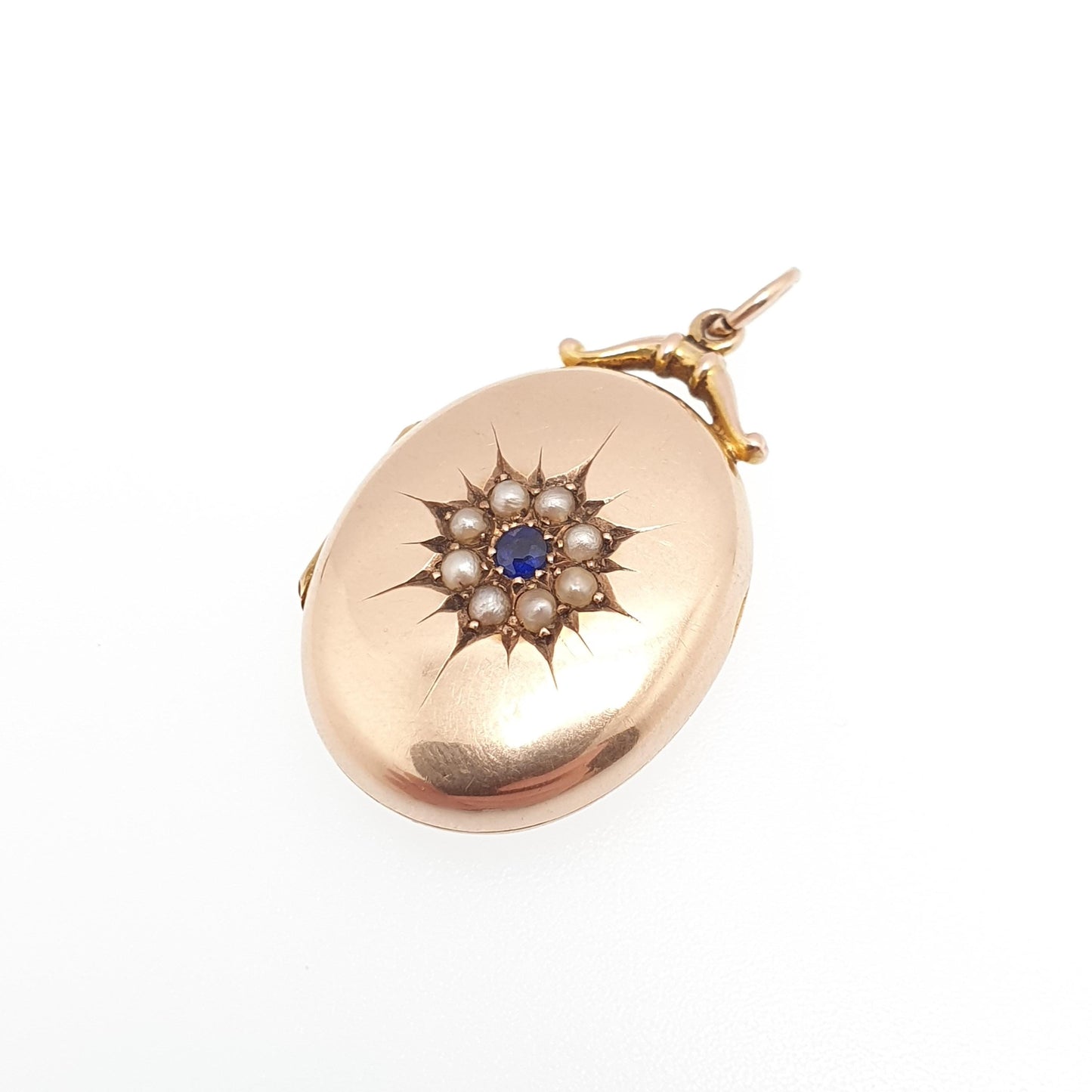 Antique 9ct Rose Gold Seed Pearl Locket Sapphire Paste Pendant Necklace Star Solid 9k 375 1910 Hallmark Vintage Womens Jewellery Jewelry