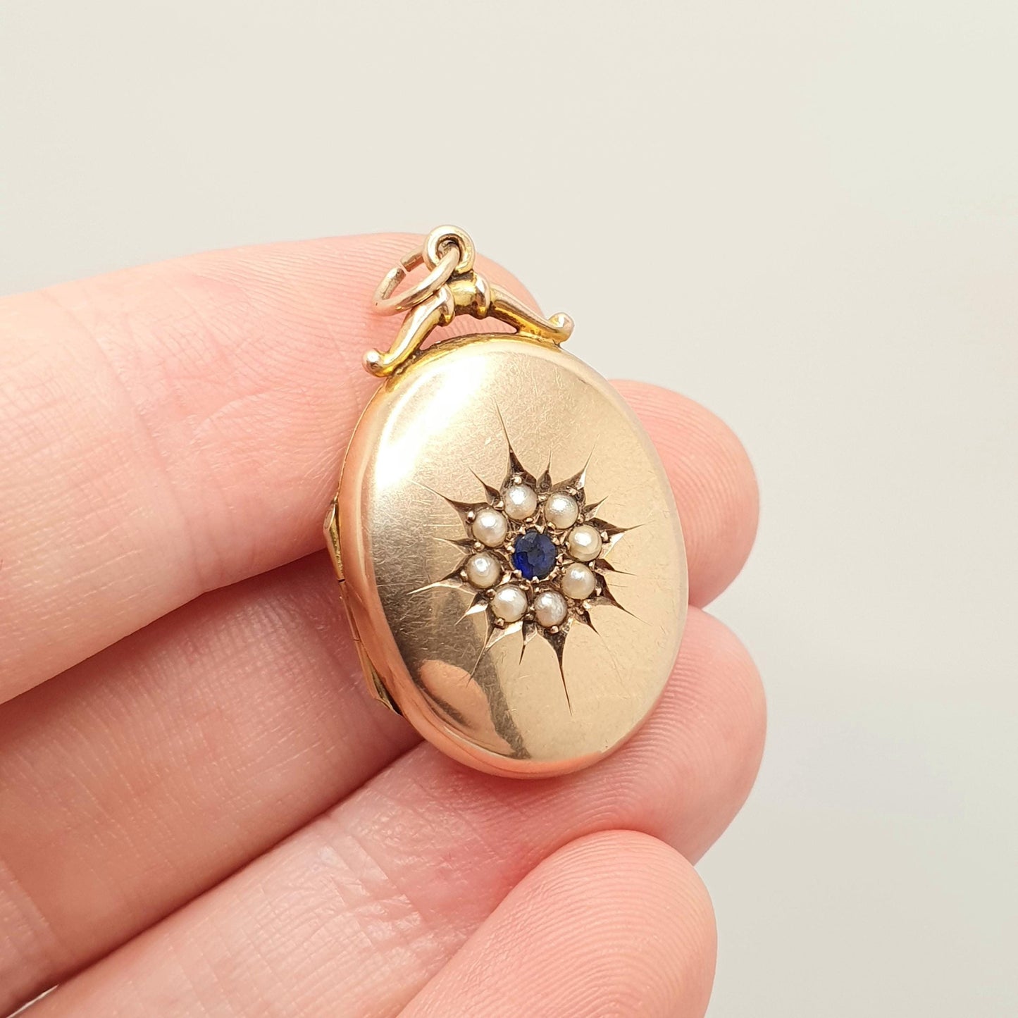 Antique 9ct Rose Gold Seed Pearl Locket Sapphire Paste Pendant Necklace Star Solid 9k 375 1910 Hallmark Vintage Womens Jewellery Jewelry