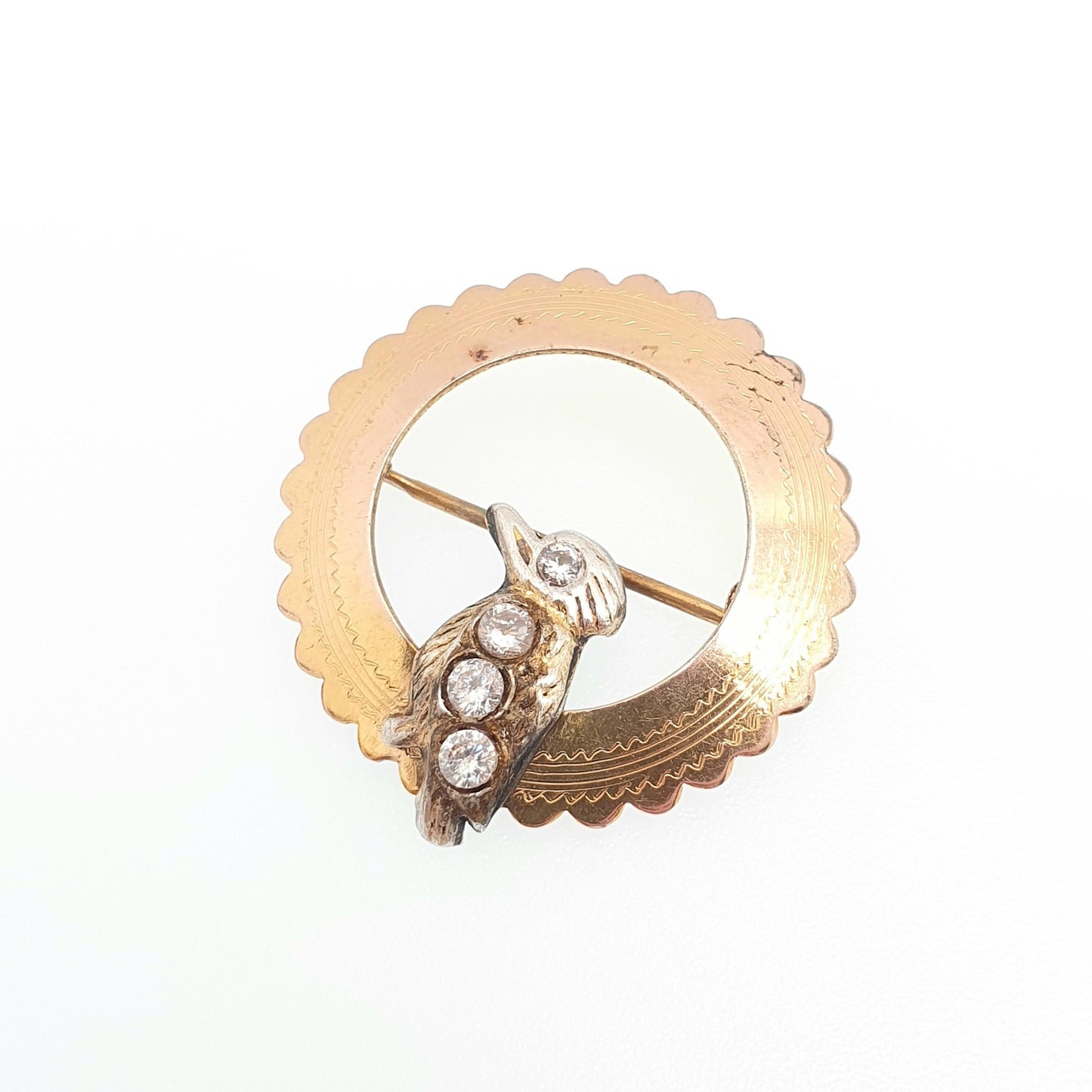 Antique 9ct Gold Front Bird Brooch Pin Diamond Paste Bonded Rolled Gold Filled Sweetheart Cute Wreath Vintage Womens Jewelry Jewellery