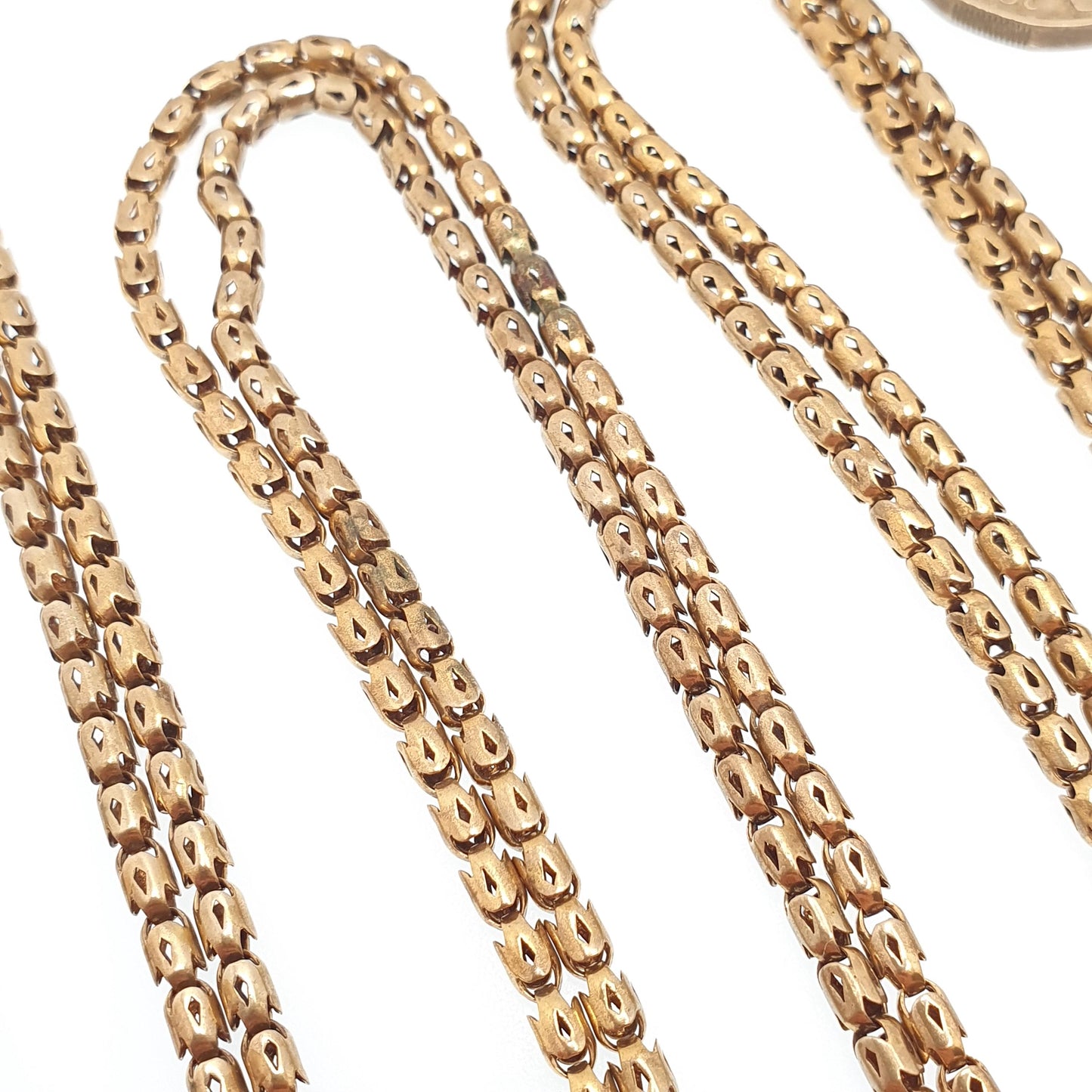 Antique Victorian Muff Chain Necklace Popcorn Link Rolled Gold Filled Dog Clip Very Long 142cm 20.34g 1800s Guard Vintage Womens Jewelry