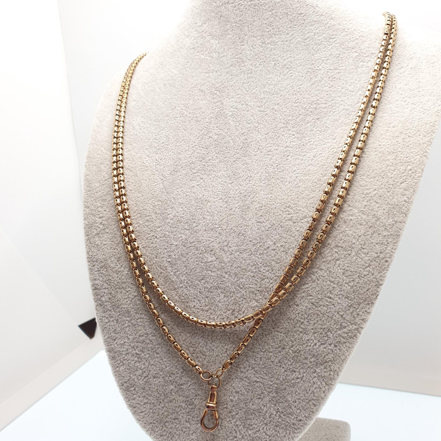Antique Victorian Muff Chain Necklace Popcorn Link Rolled Gold Filled Dog Clip Very Long 142cm 20.34g 1800s Guard Vintage Womens Jewelry