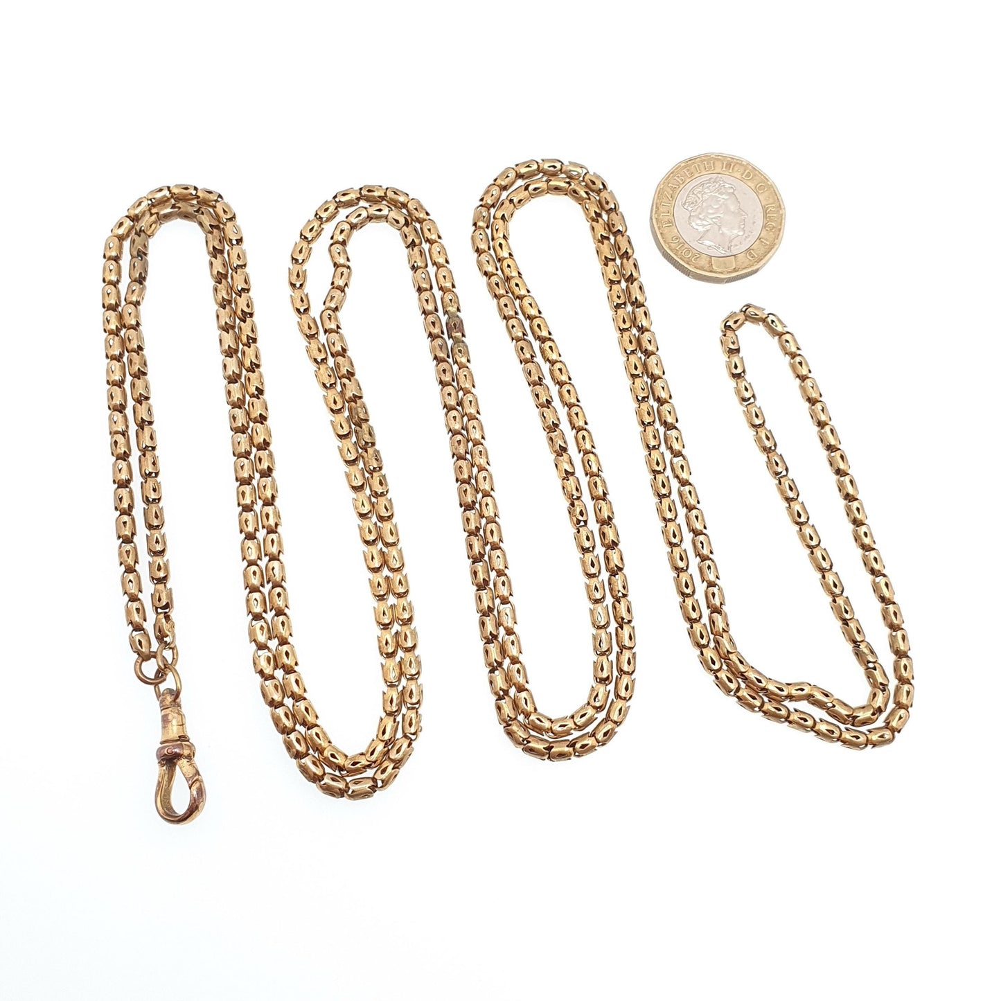 Antique Victorian Muff Chain Necklace Popcorn Link Rolled Gold Filled Dog Clip Very Long 142cm 20.34g 1800s Guard Vintage Womens Jewelry