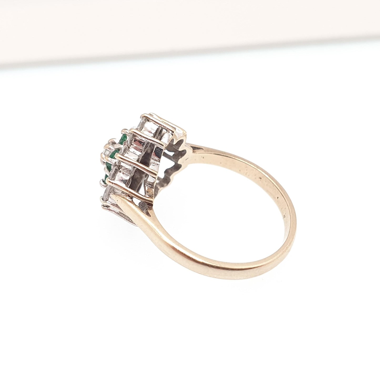 Vintage 9k Gold Emerald Ring Cluster CZ Cubic Zirconia Solid 9ct 375 Hallmarked Estate Fine Jewelry Jewellery Womans Retro Genuine Real