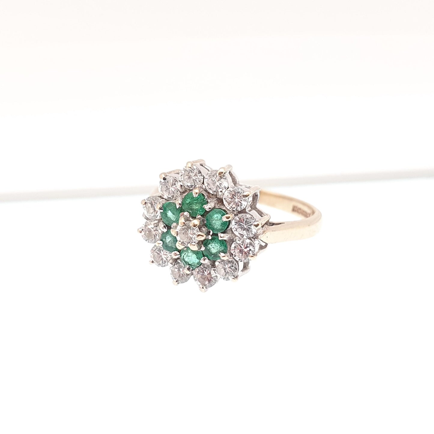 Vintage 9k Gold Emerald Ring Cluster CZ Cubic Zirconia Solid 9ct 375 Hallmarked Estate Fine Jewelry Jewellery Womans Retro Genuine Real