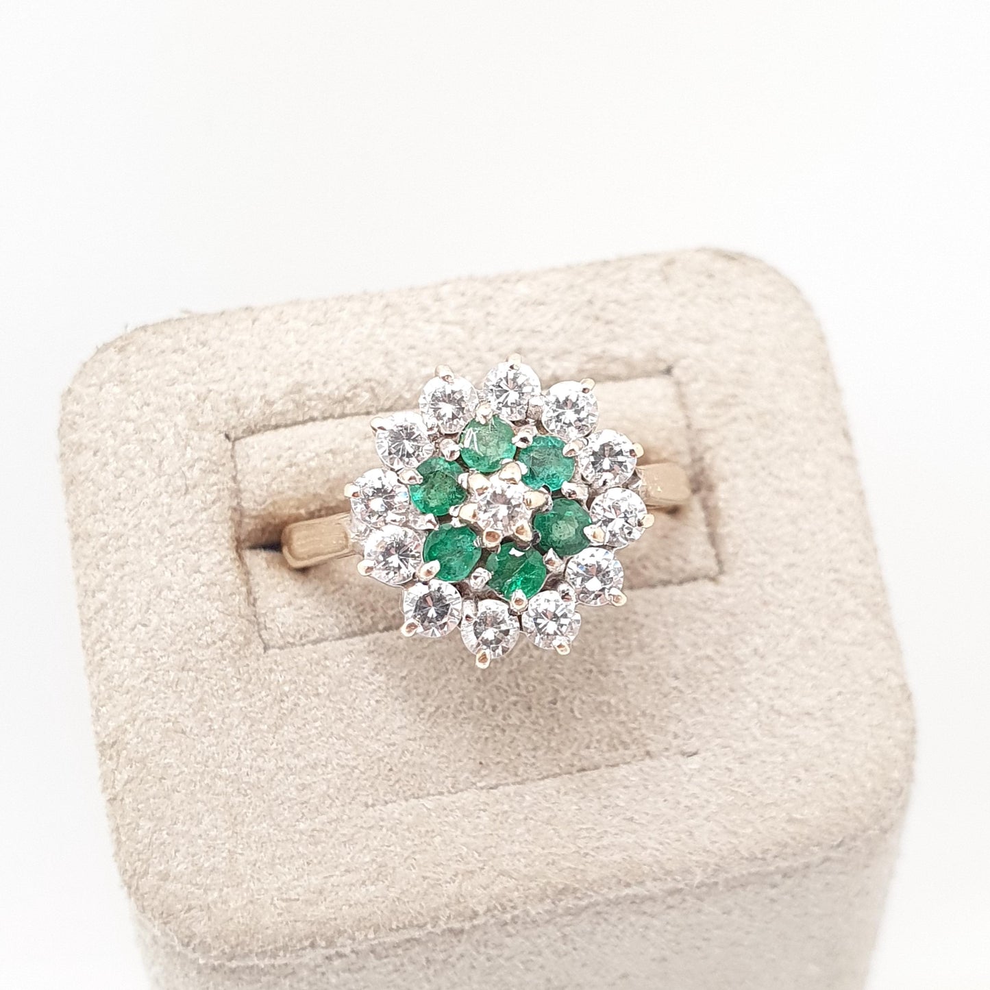 Vintage 9k Gold Emerald Ring Cluster CZ Cubic Zirconia Solid 9ct 375 Hallmarked Estate Fine Jewelry Jewellery Womans Retro Genuine Real