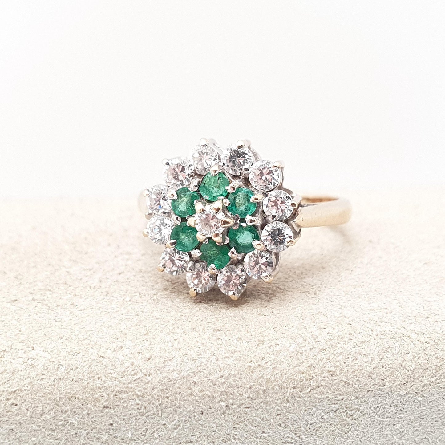 Vintage 9k Gold Emerald Ring Cluster CZ Cubic Zirconia Solid 9ct 375 Hallmarked Estate Fine Jewelry Jewellery Womans Retro Genuine Real