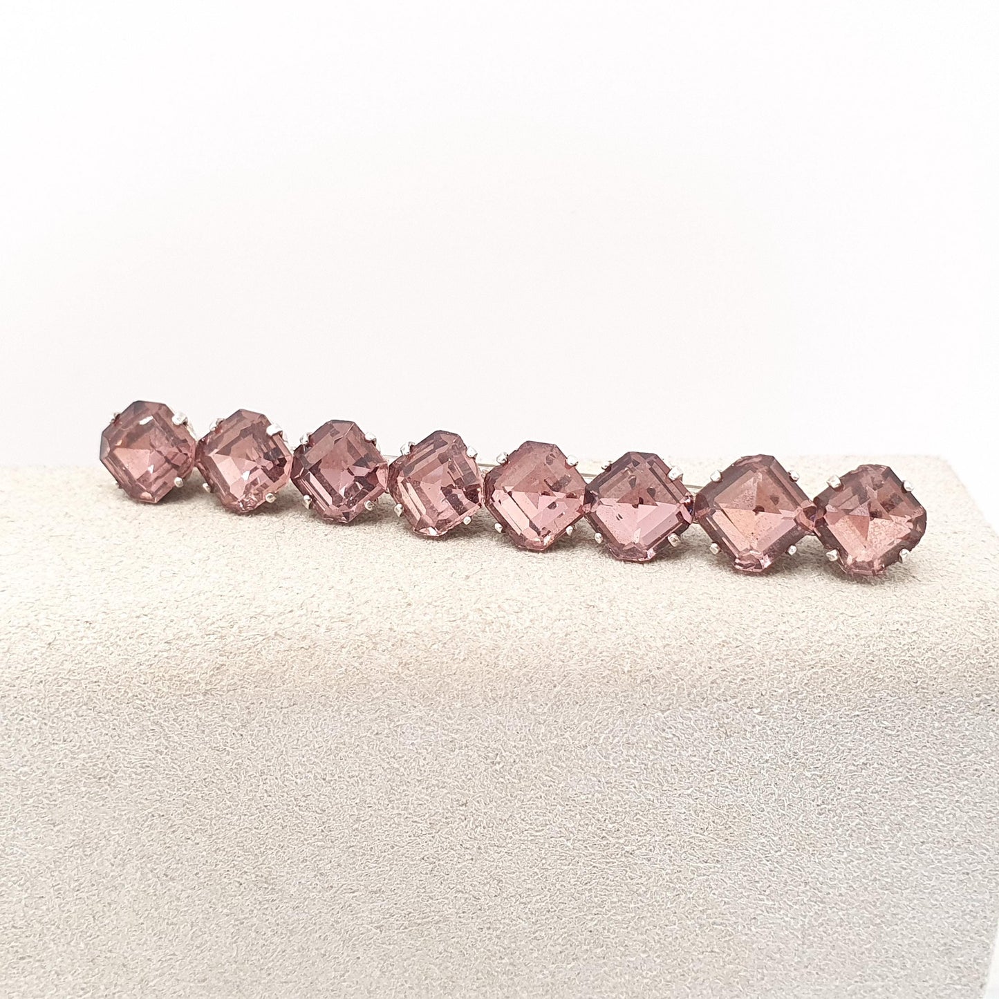 Antique Art Deco Sterling Silver Brooch Pink Purple Paste Square Cut Bar Pin 1920s Sparkly Amethyst Tone Vintage Womens Jewelry Jewellery