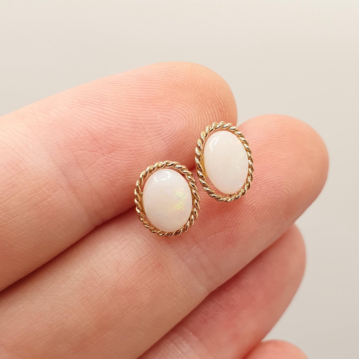 Vintage Opal 9k 9ct Gold Stud Earrings Solid 9 Carat 375 Fire White Large Oval Cut Cabochon Retro Gemstone Womens Ladies Jewelry Jewellery