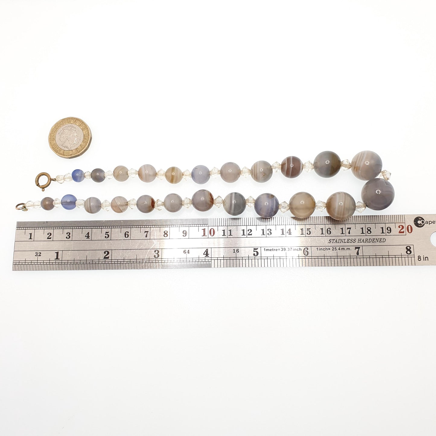 Antique Humbug Agate Bead Necklace Banded Striped Round Graduating Banded Quartz Brown White 38cm 49.64g Gemstone Vintage Womens Jewellery