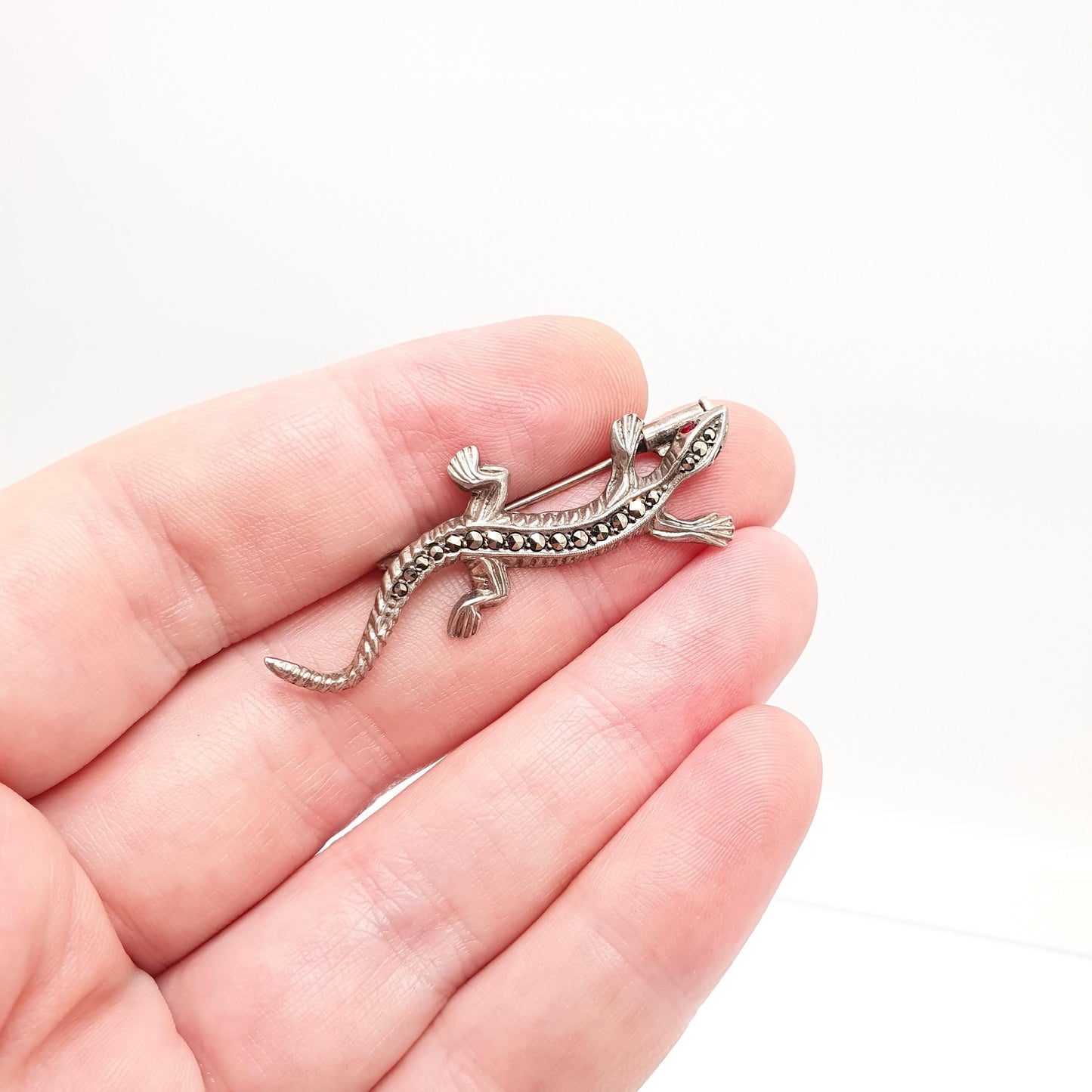 Antique Solid Silver Lizard Brooch Marcasite Ruby Paste Eyes 1920s French Art Deco Reptile Animal Gecko Vintage Womens Jewelry Jewellery