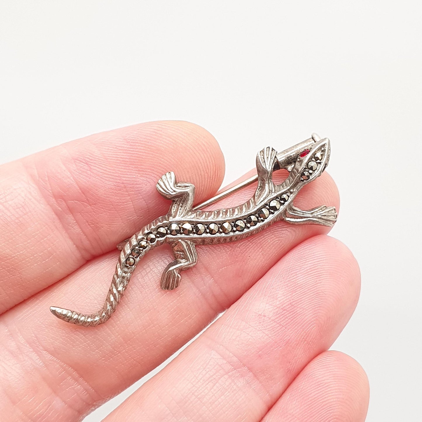 Antique Solid Silver Lizard Brooch Marcasite Ruby Paste Eyes 1920s French Art Deco Reptile Animal Gecko Vintage Womens Jewelry Jewellery