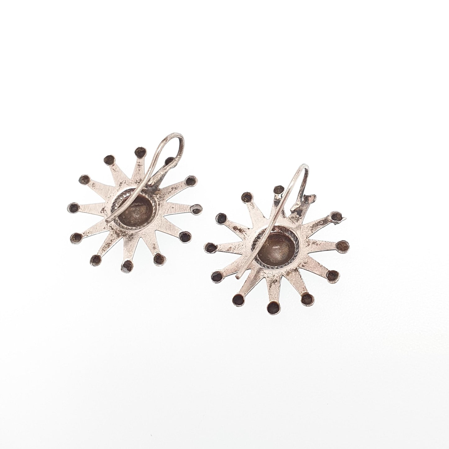 Antique Victorian Solid Silver Star Earrings Engraved Starburst Sunburst Etruscan Genuine Estate Fine 1800s Hook Vintage Jewelry Jewellery