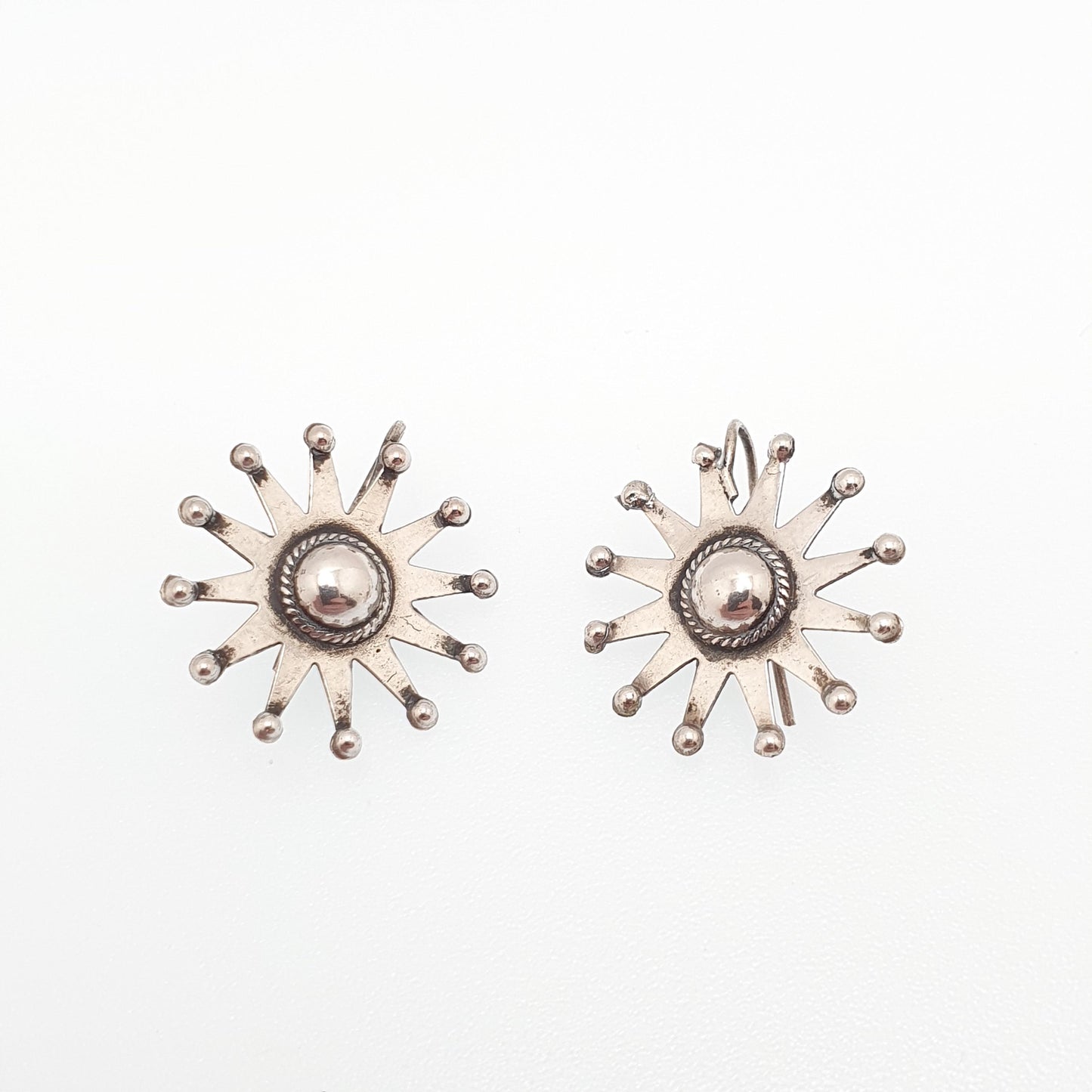 Antique Victorian Solid Silver Star Earrings Engraved Starburst Sunburst Etruscan Genuine Estate Fine 1800s Hook Vintage Jewelry Jewellery