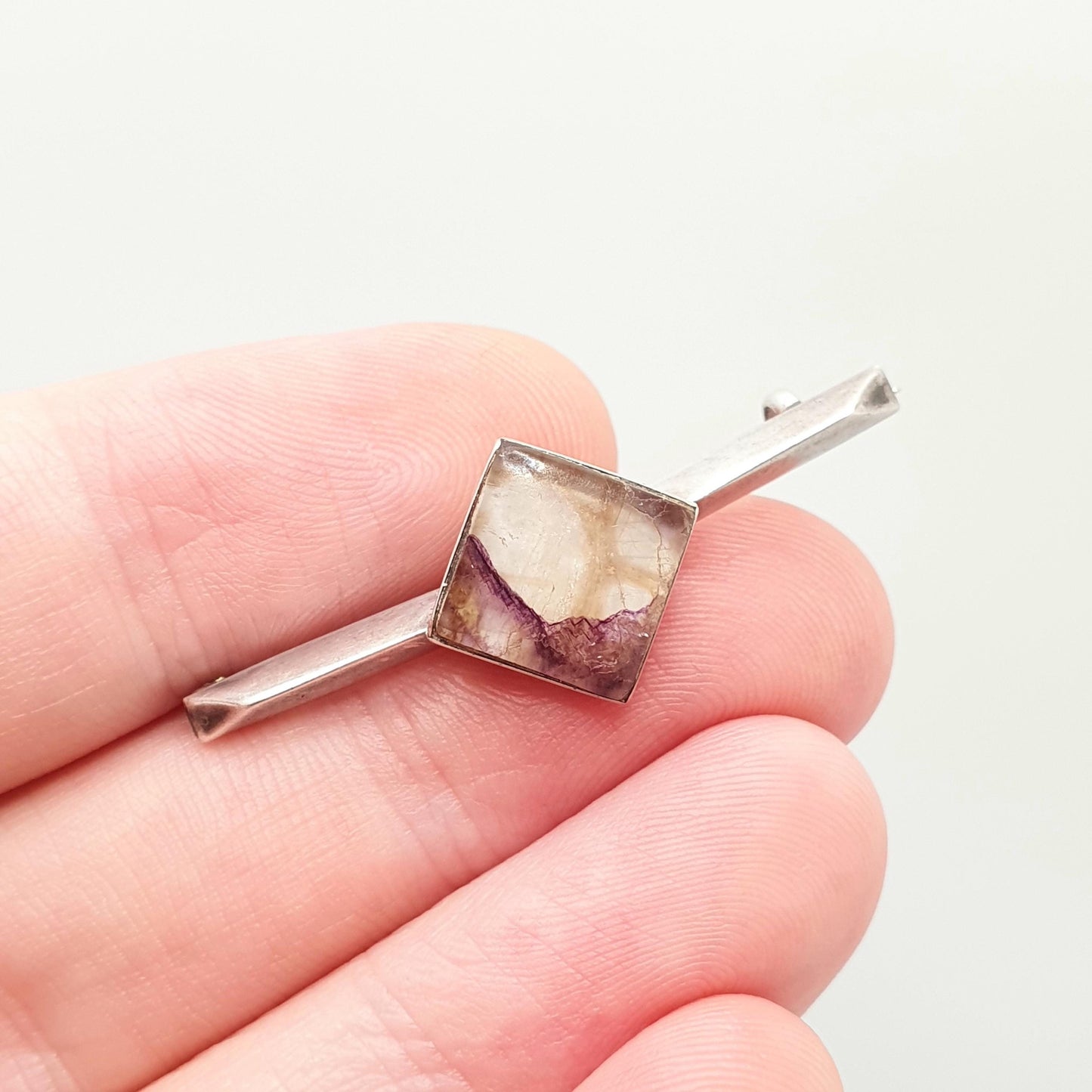 Antique Blue John Sterling Silver Brooch Pin Art Deco 1920s Genuine Real Gemstone Bleu Jaune Square Cut Vintage Womens Jewelry Jewellery