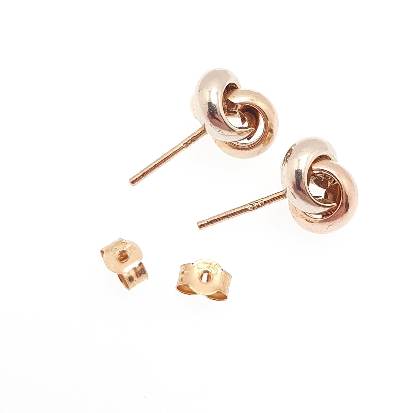Vintage 9k 9ct Gold Knot Earrings Stud Tri Colour Color Solid 375 Retro Twisted Woven Rose Yellow White Gift Womens Jewelry Jewellery