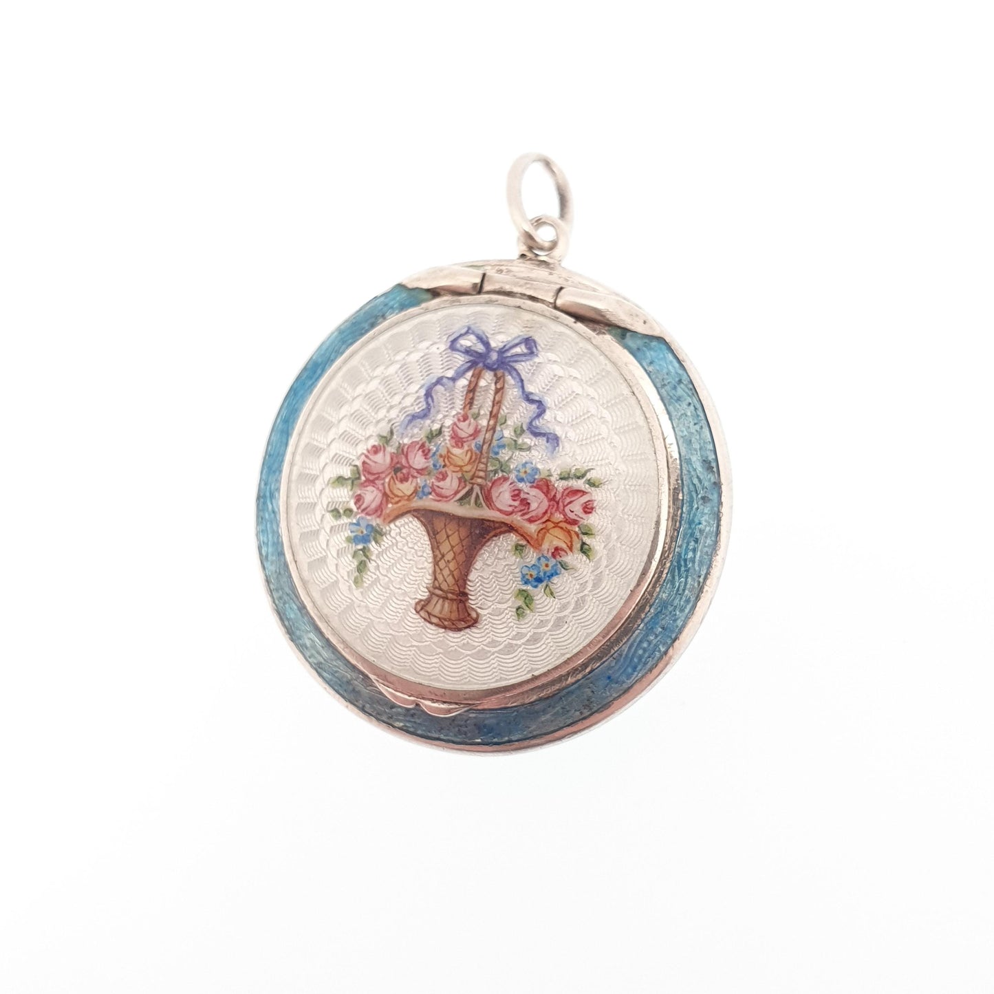 Antique Solid Silver Enamel Powder Compact Locket Pendant Champleve Giardinetti Flower Basket Vintage 935 Womens Jewelry Jewellery