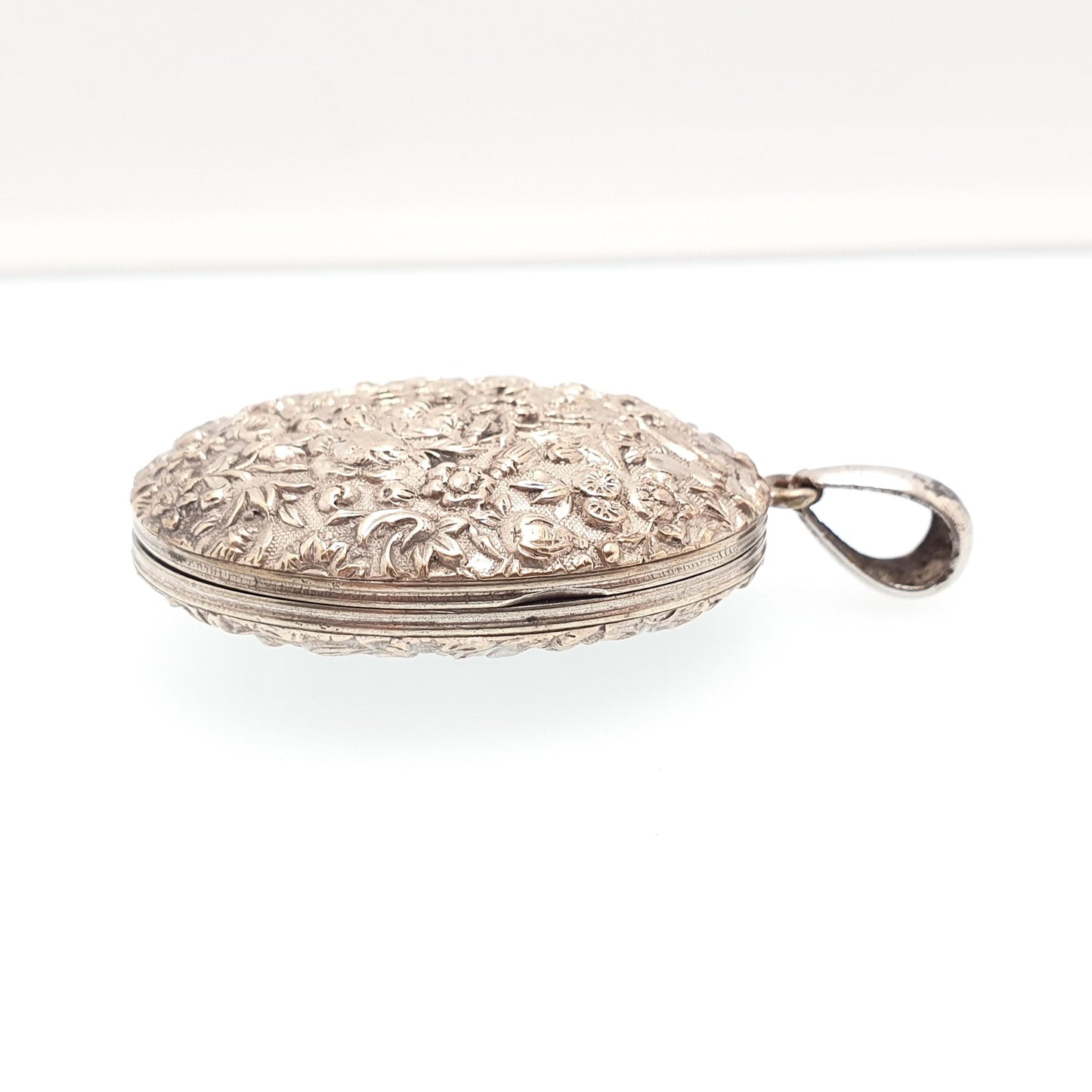Antique Victorian Locket Silver Plate Large Big Flower Pattern Floral Necklace Pendant Genuine 1800s Picture Photo Oval Vintage Jewellery
