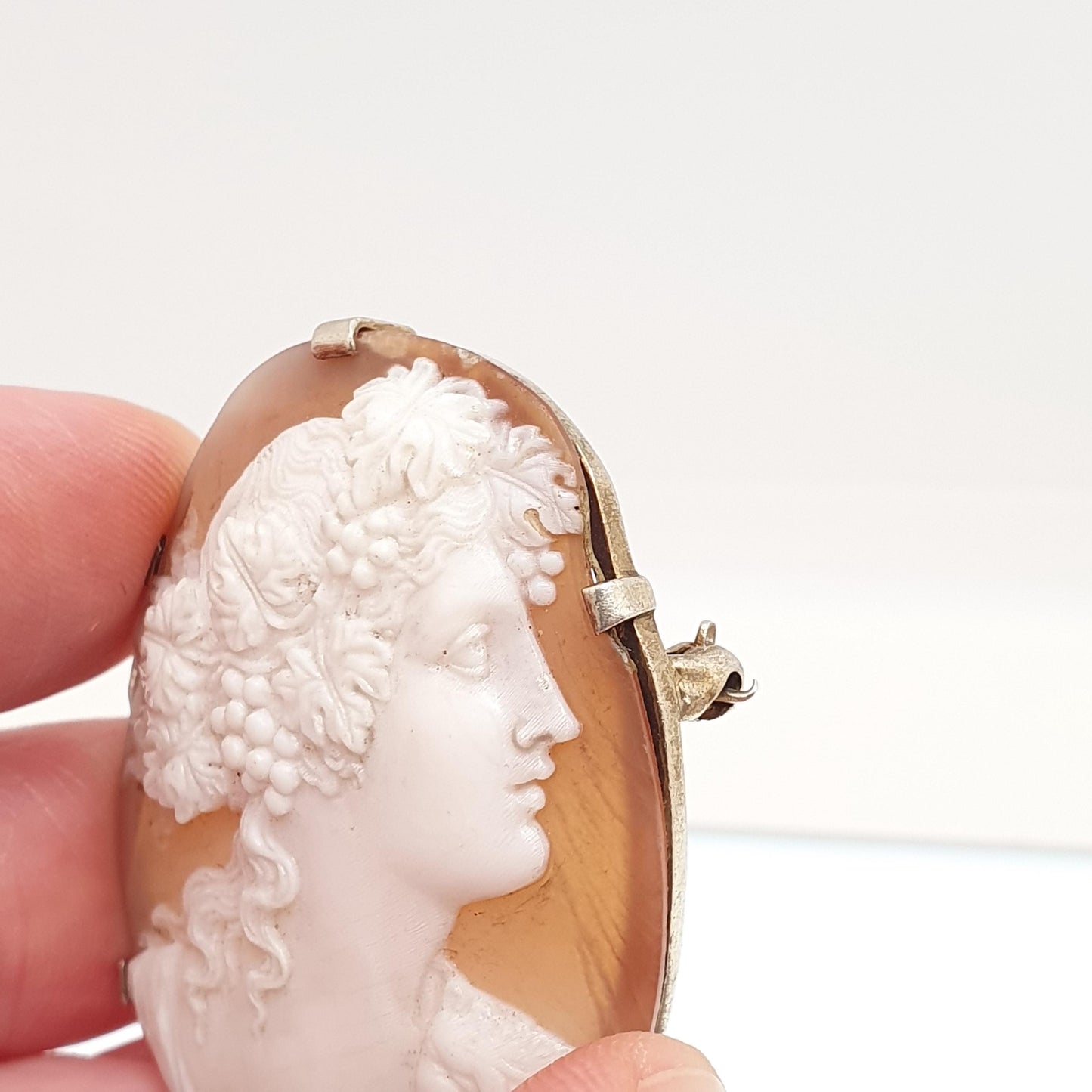 Antique Victorian Cameo Brooch Solid Silver Dionysus Finely Carved Engraved High Relief Large Big Shell Italian Vintage Jewelry Jewellery