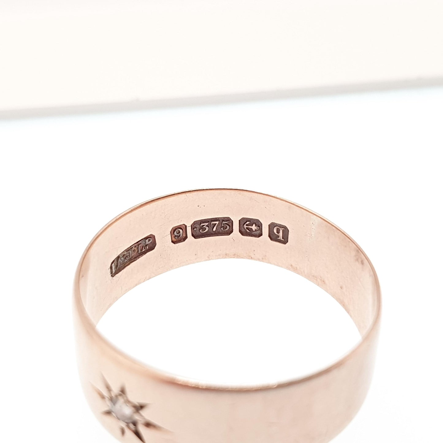 Antique 9ct Rose Gold Diamond Band Ring Wedding 1915 Hallmark Solid 9k 375 Wide Thick Gemstone Solitaire Mens Womens Vintage Jewelry