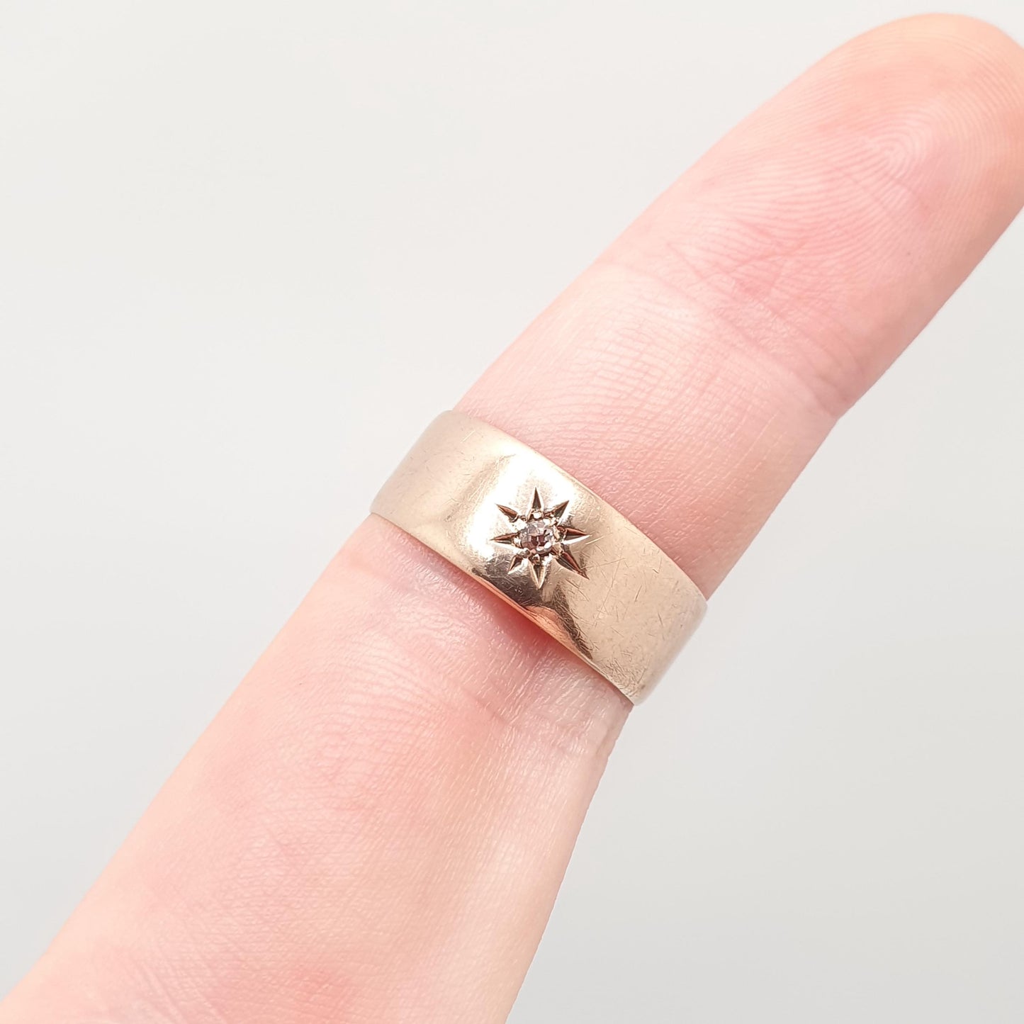 Antique 9ct Rose Gold Diamond Band Ring Wedding 1915 Hallmark Solid 9k 375 Wide Thick Gemstone Solitaire Mens Womens Vintage Jewelry