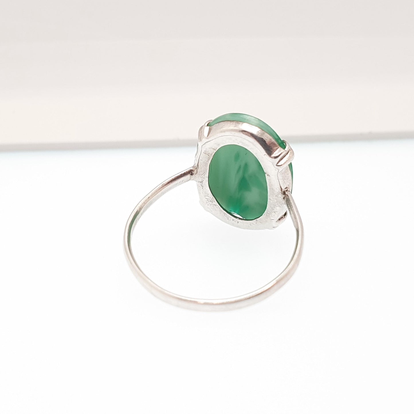 Antique Sterling Silver Peking Glass Jade Ring TLM Thomas L Mott Art Deco Vintage 1920s Womens Oval Cut Green Czech Jewellery Jewelry