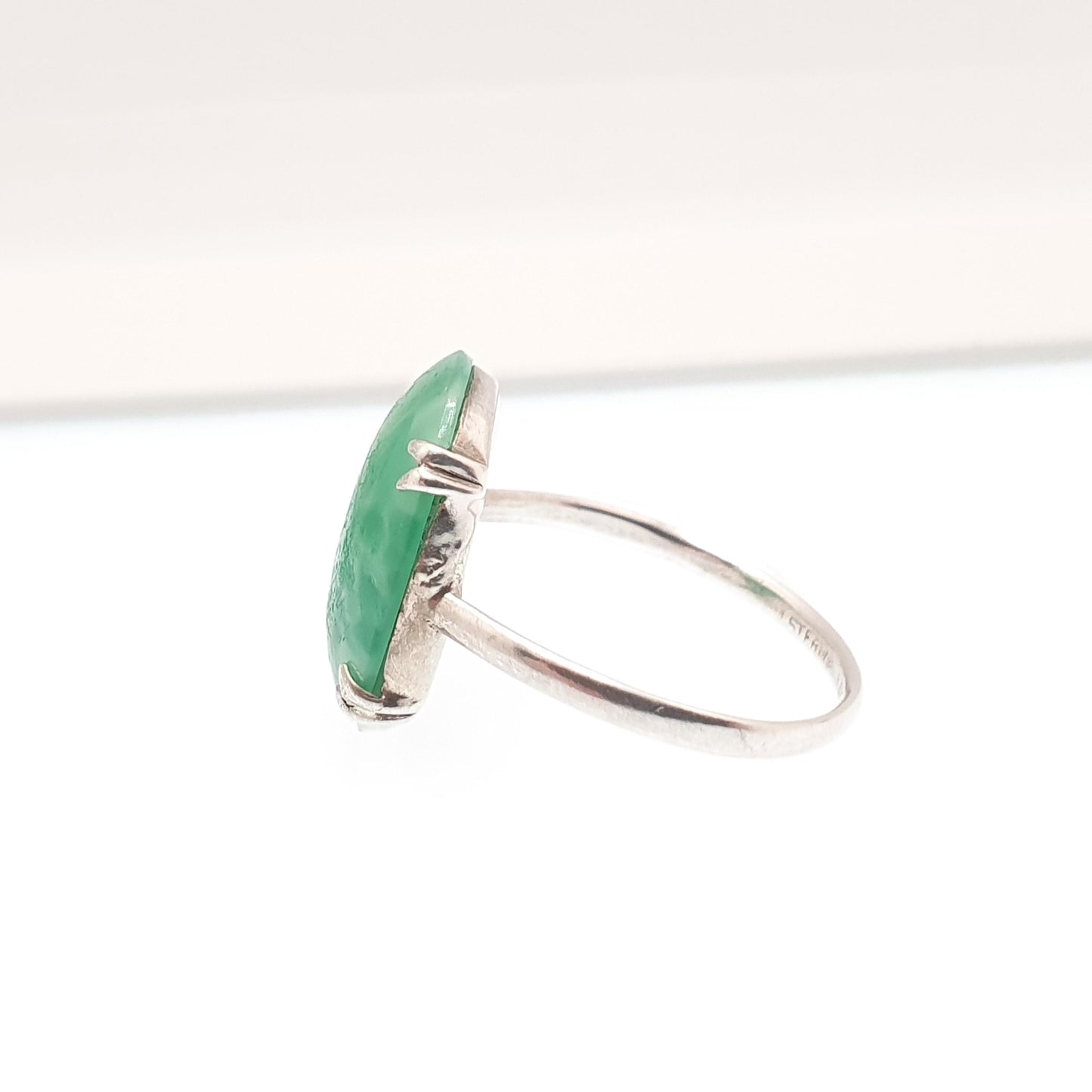Antique Sterling Silver Peking Glass Jade Ring TLM Thomas L Mott Art Deco Vintage 1920s Womens Oval Cut Green Czech Jewellery Jewelry