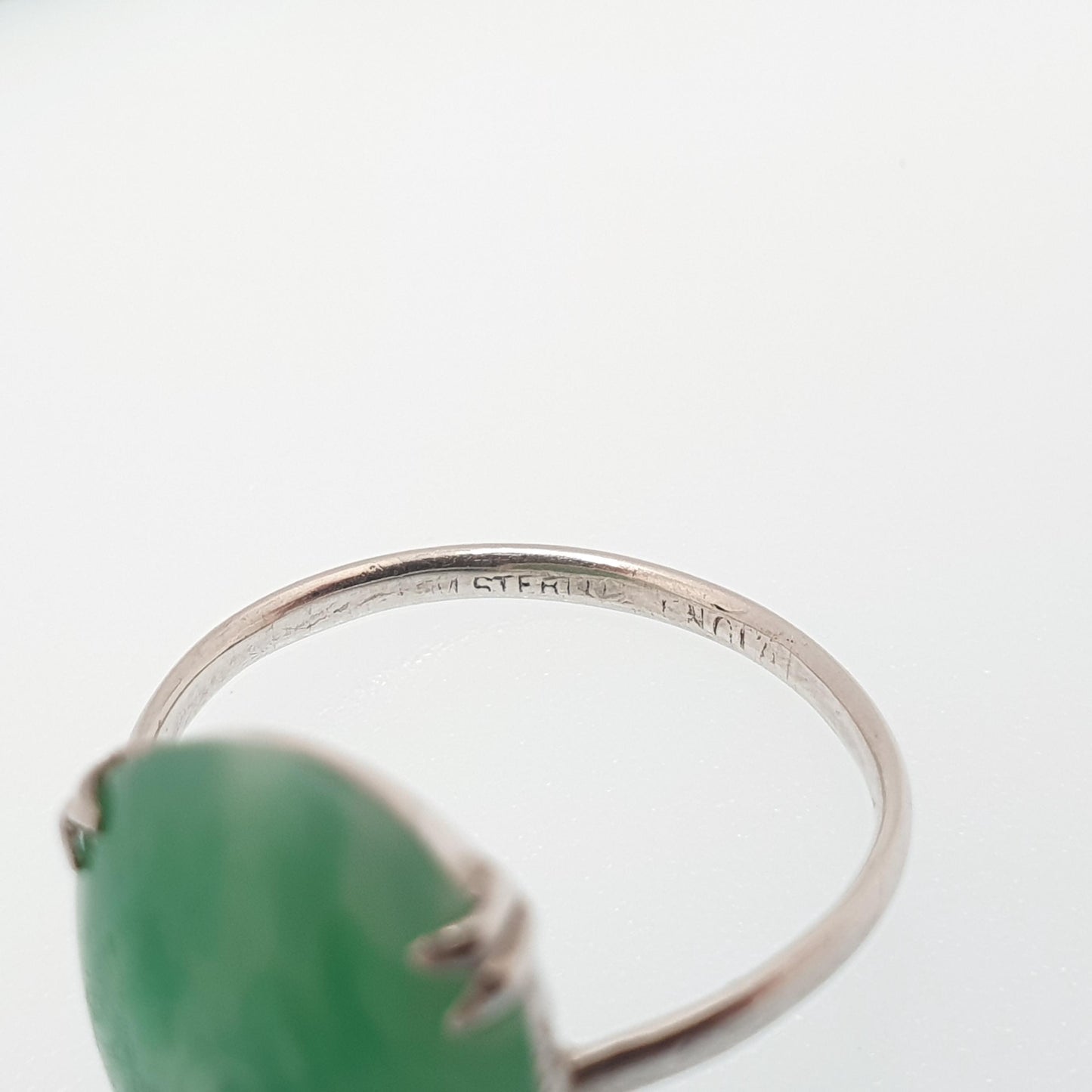 Antique Sterling Silver Peking Glass Jade Ring TLM Thomas L Mott Art Deco Vintage 1920s Womens Oval Cut Green Czech Jewellery Jewelry