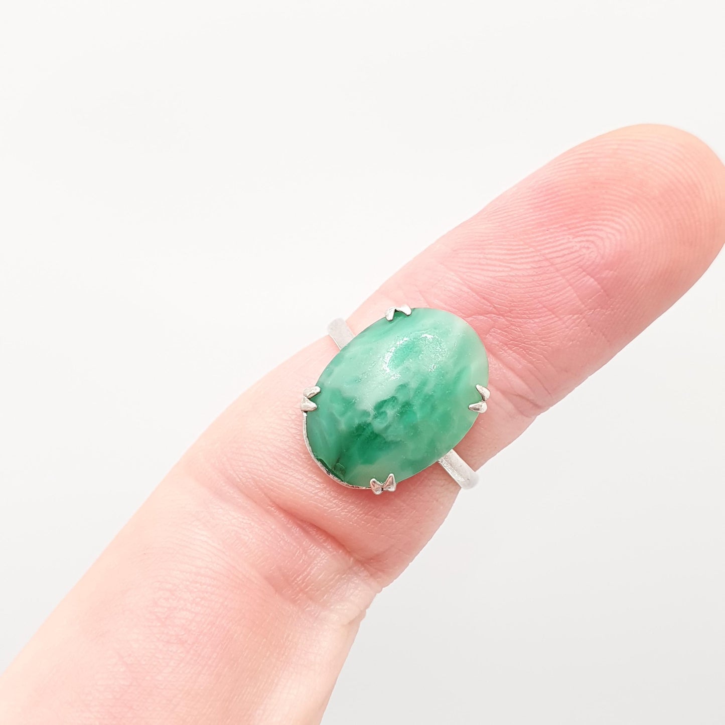 Antique Sterling Silver Peking Glass Jade Ring TLM Thomas L Mott Art Deco Vintage 1920s Womens Oval Cut Green Czech Jewellery Jewelry