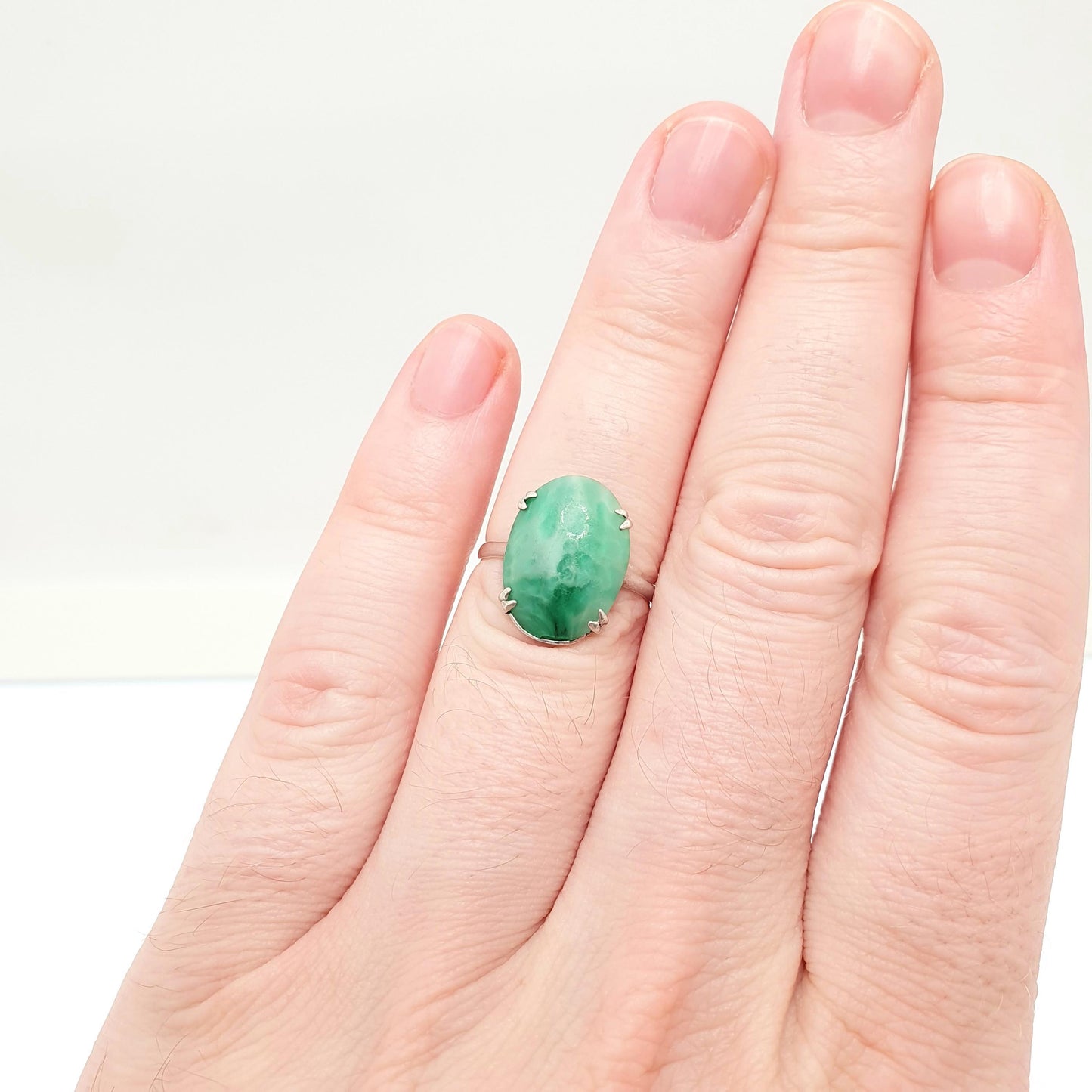 Antique Sterling Silver Peking Glass Jade Ring TLM Thomas L Mott Art Deco Vintage 1920s Womens Oval Cut Green Czech Jewellery Jewelry
