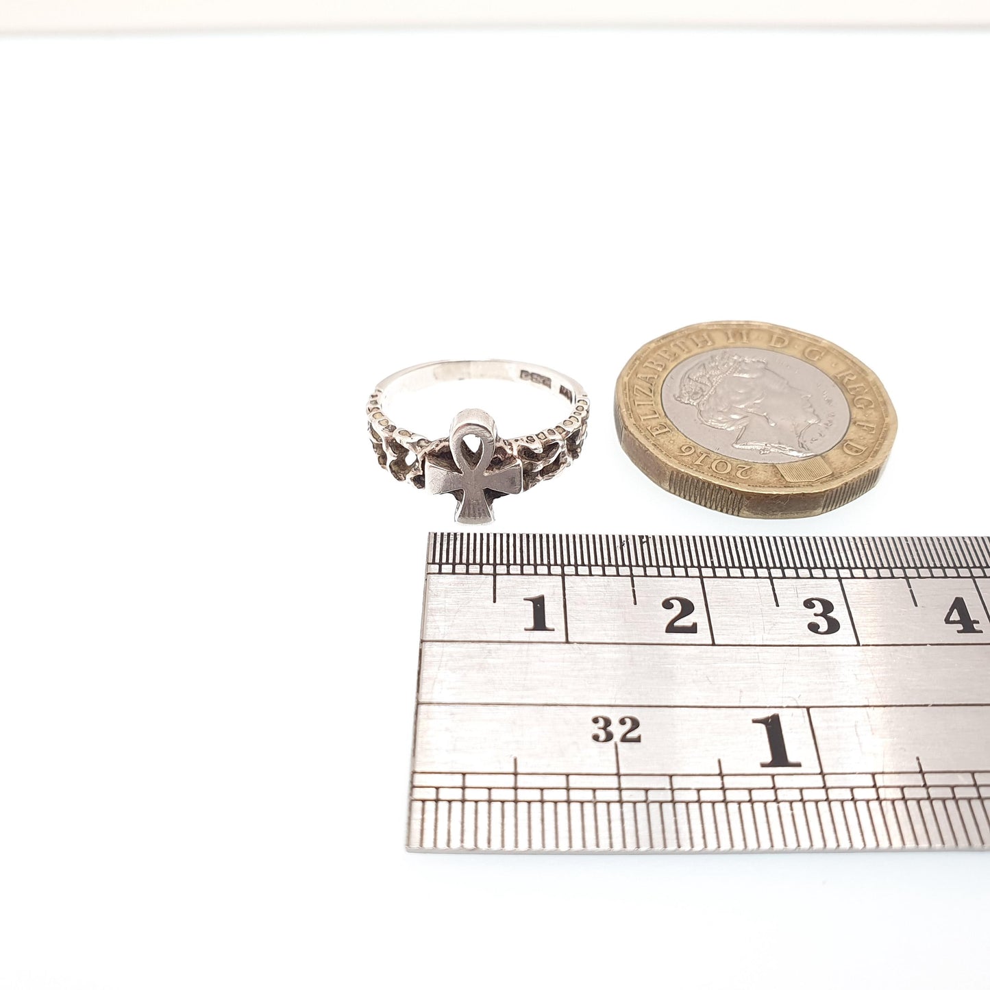 Vintage Solid Silver Ankh Signet Ring Egyptian Hieroglyph Cross Crucifix 1975 Hallmarked Textured Womens Retro Ladies Jewelry Jewellery