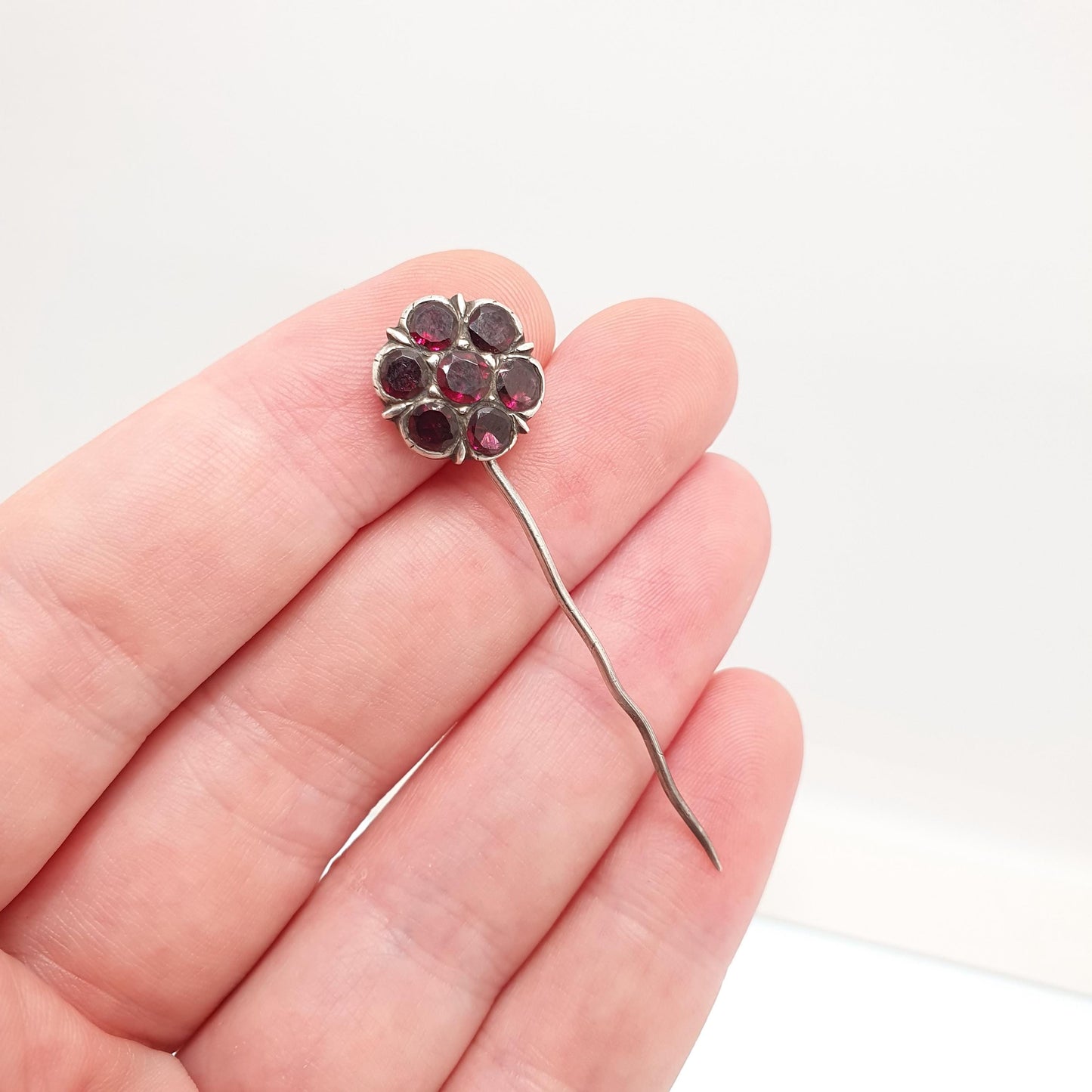 Antique Georgian Solid Silver Garnet Stick Pin Foiled Garnets Star Flower Crimped Solid Genuine Pyrope Real Gents Mens Jewelry Jewellery