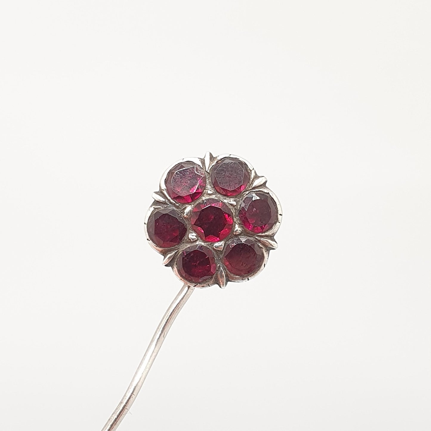 Antique Georgian Solid Silver Garnet Stick Pin Foiled Garnets Star Flower Crimped Solid Genuine Pyrope Real Gents Mens Jewelry Jewellery