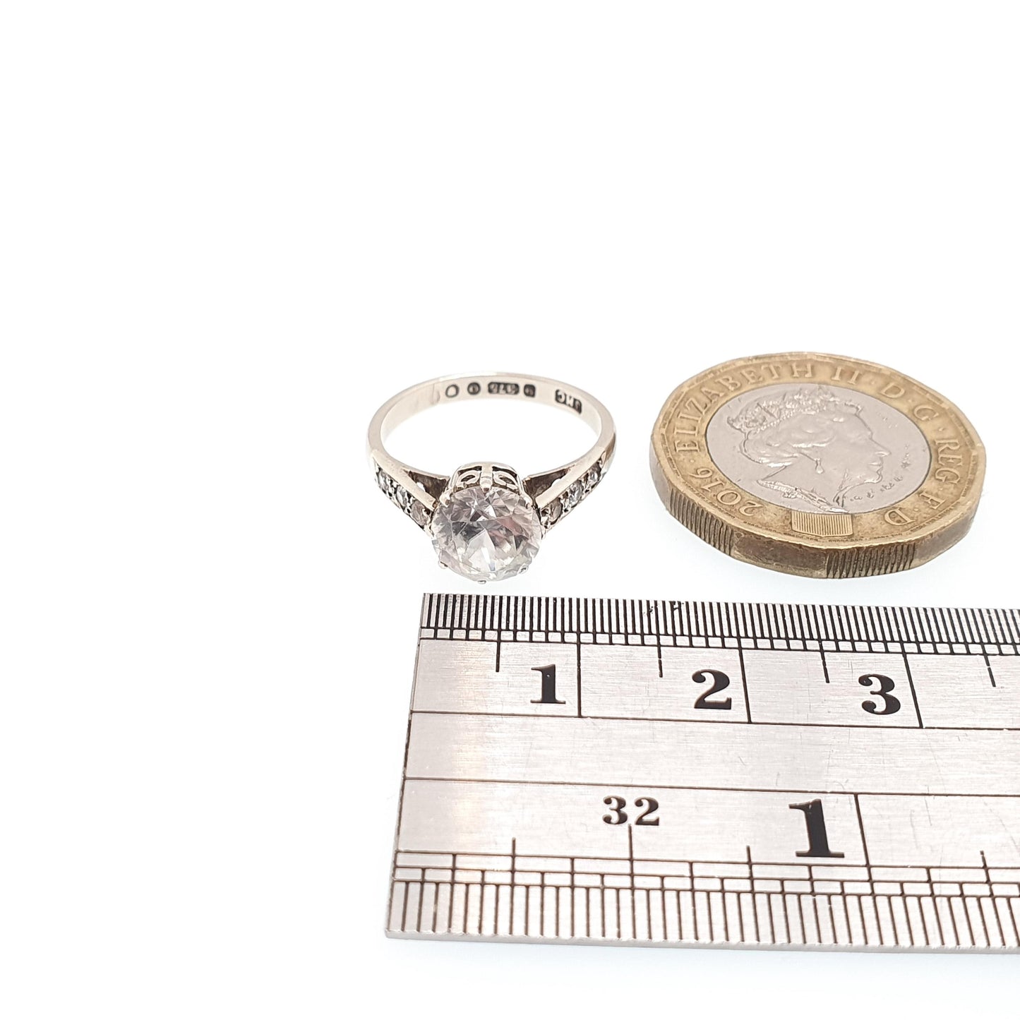 Old Vintage 9ct Gold White Sapphire Ring Large Brilliant Cut 1949 Hallmark Diamond Style Solid 375 9k Gemstone Womens Jewelry Jewellery