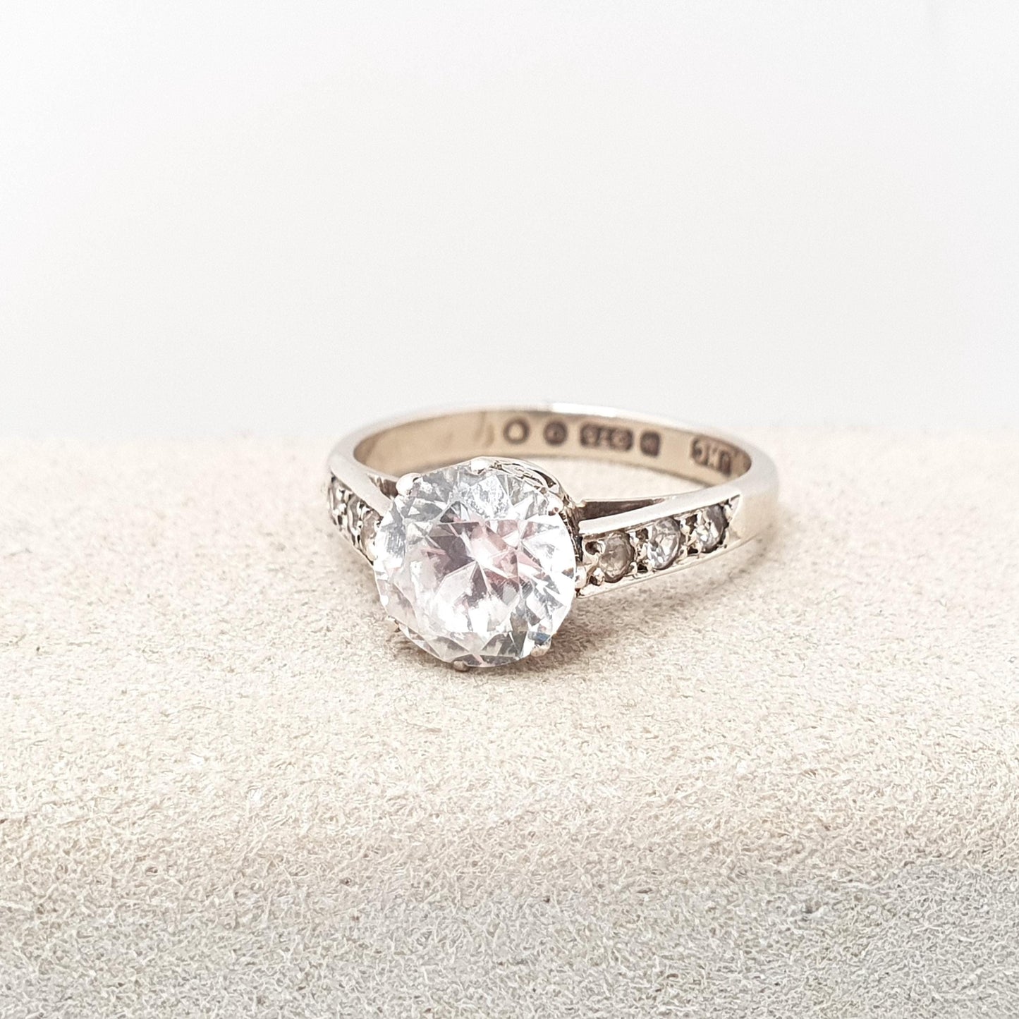 Old Vintage 9ct Gold White Sapphire Ring Large Brilliant Cut 1949 Hallmark Diamond Style Solid 375 9k Gemstone Womens Jewelry Jewellery