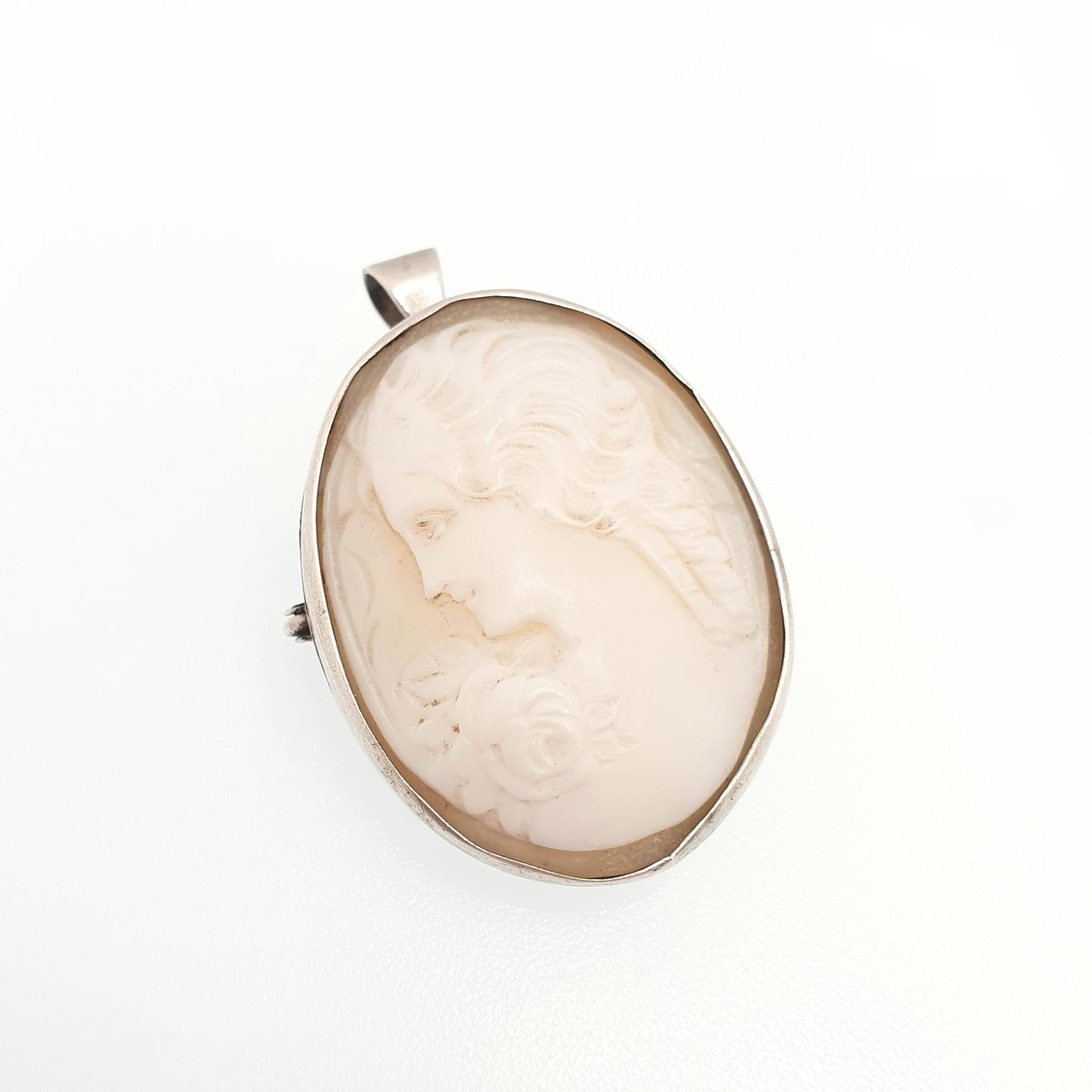 Antique Solid Silver Cameo Pendant Brooch Pin Flower on Shoulder Genuine Shell 1920s Border Oval Vintage Italian Womens Jewelry Jewellery
