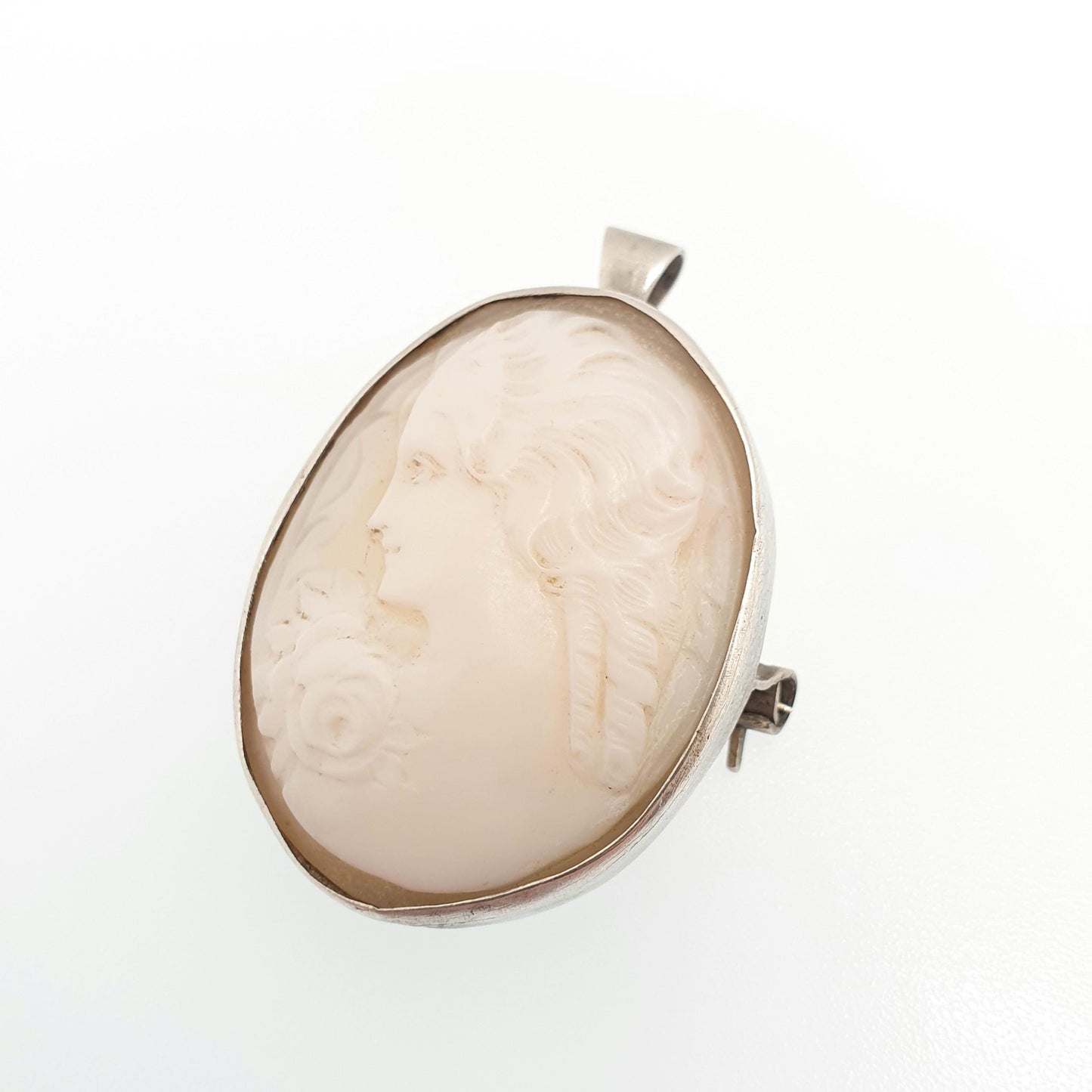 Antique Solid Silver Cameo Pendant Brooch Pin Flower on Shoulder Genuine Shell 1920s Border Oval Vintage Italian Womens Jewelry Jewellery