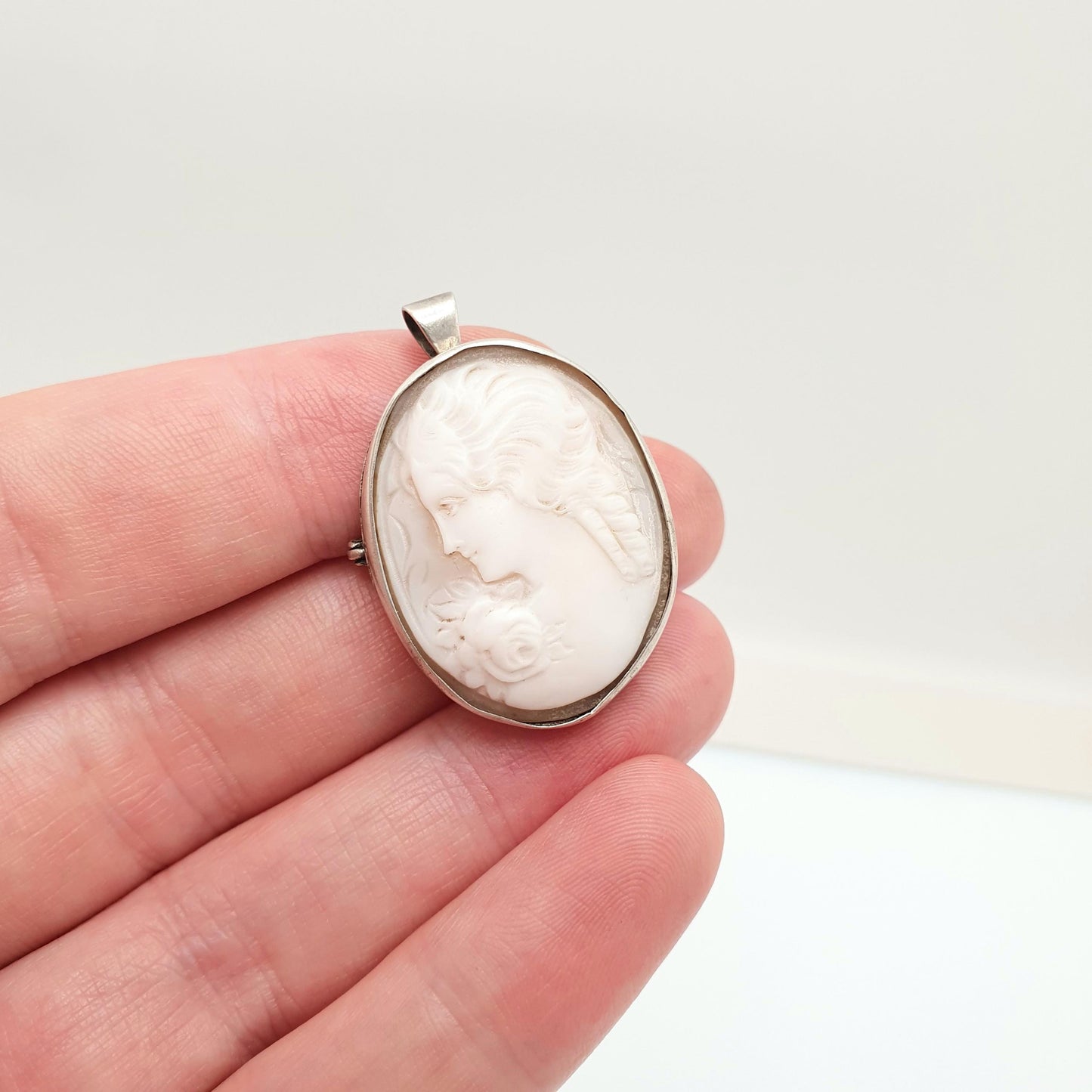 Antique Solid Silver Cameo Pendant Brooch Pin Flower on Shoulder Genuine Shell 1920s Border Oval Vintage Italian Womens Jewelry Jewellery