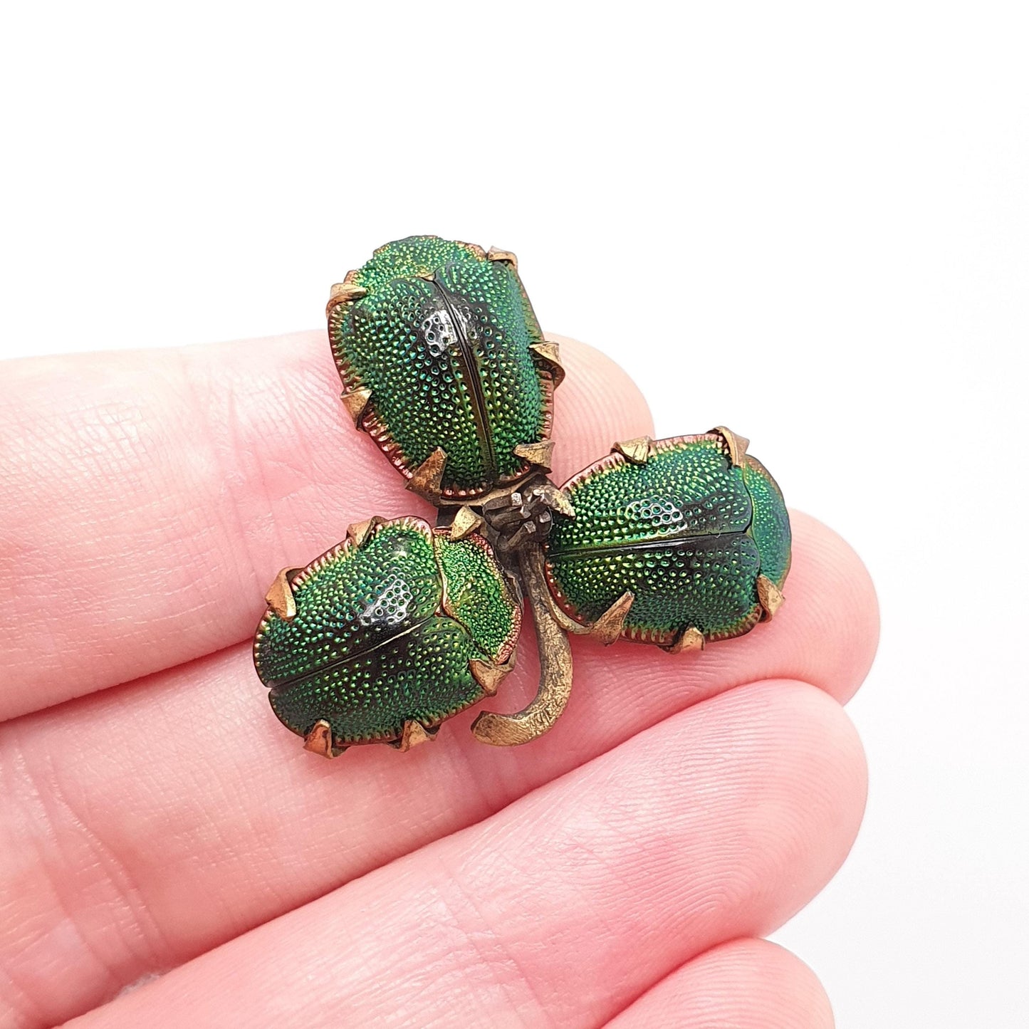 Antique Scarab Beetle Brooch Clover Genuine Real Insect Victorian 1800s Gold Gilt Egyptian Revival Bug Irish Good Luck Shell Mens Womens