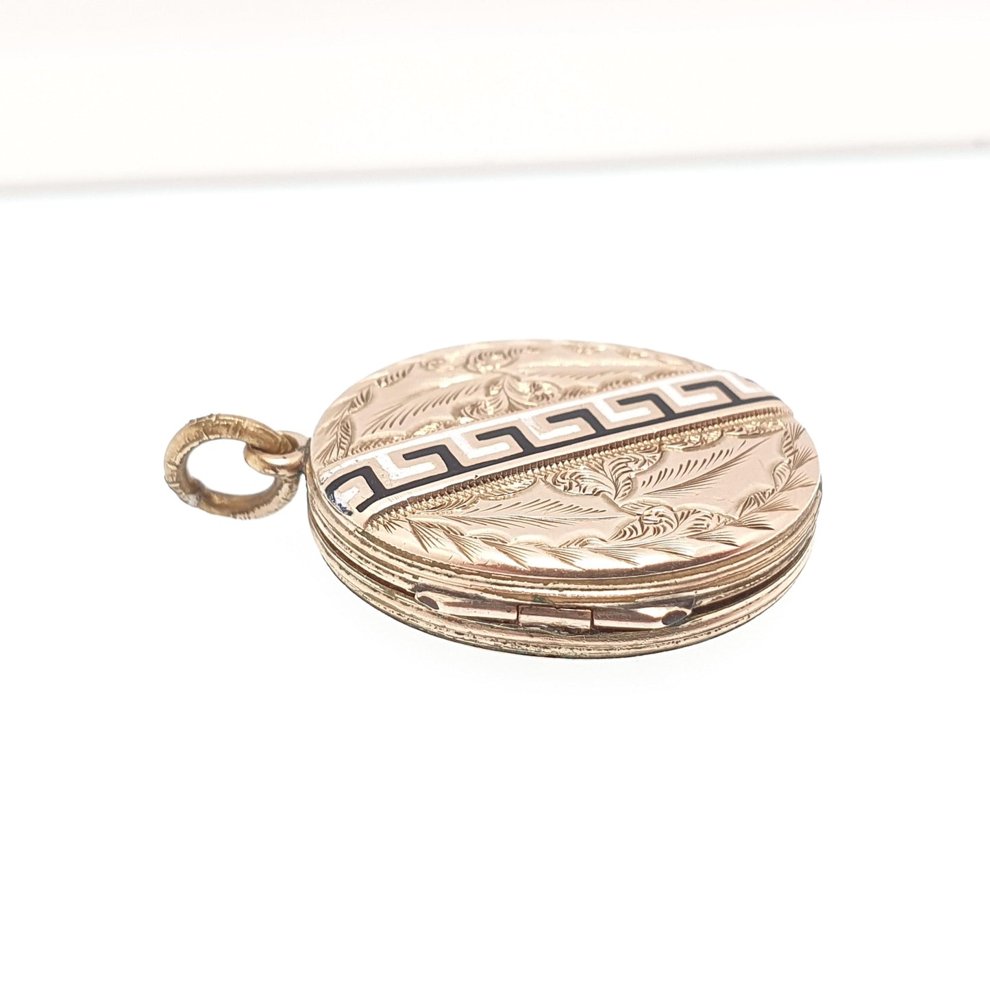 Antique Victorian 9ct Gold Locket Black Enamel Greek Key Pattern Pendant Necklace Solid 9k 375 Front Oval Vintage 1800s Jewelry Jewellery