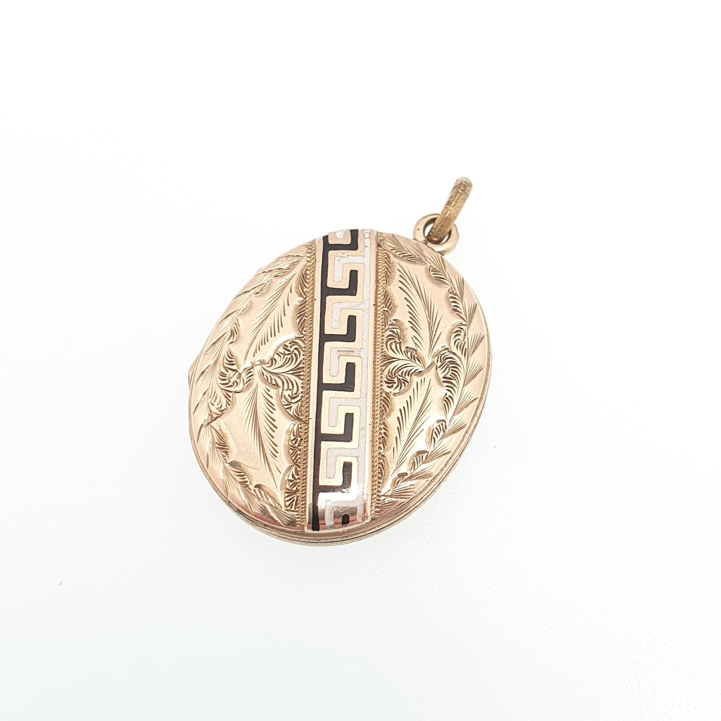Antique Victorian 9ct Gold Locket Black Enamel Greek Key Pattern Pendant Necklace Solid 9k 375 Front Oval Vintage 1800s Jewelry Jewellery