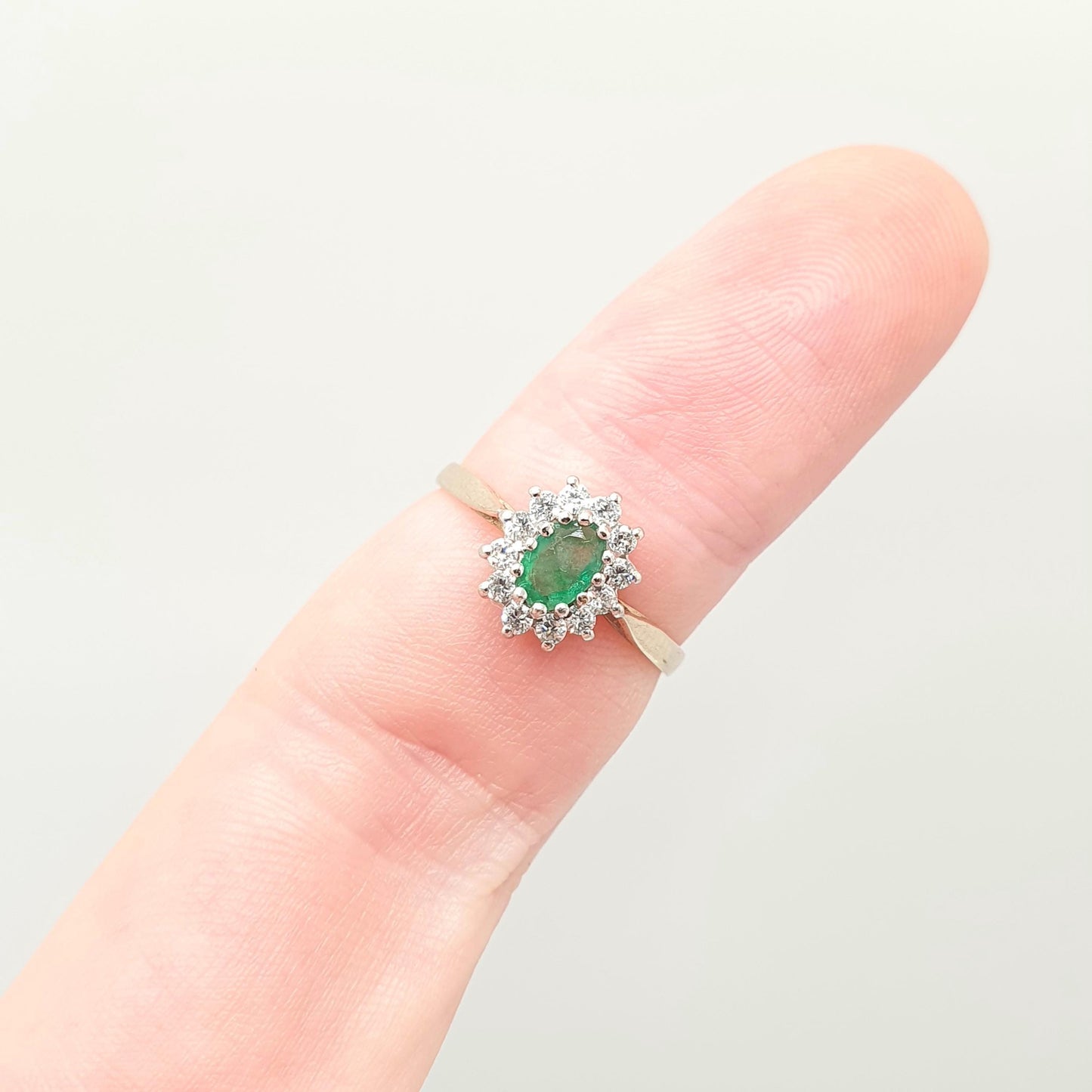Vintage 9k Gold Emerald Ring Cluster CZ Cubic Zirconia Solid 9ct 375 Hallmarked Estate Fine Jewelry Jewellery Womans Retro Genuine Real